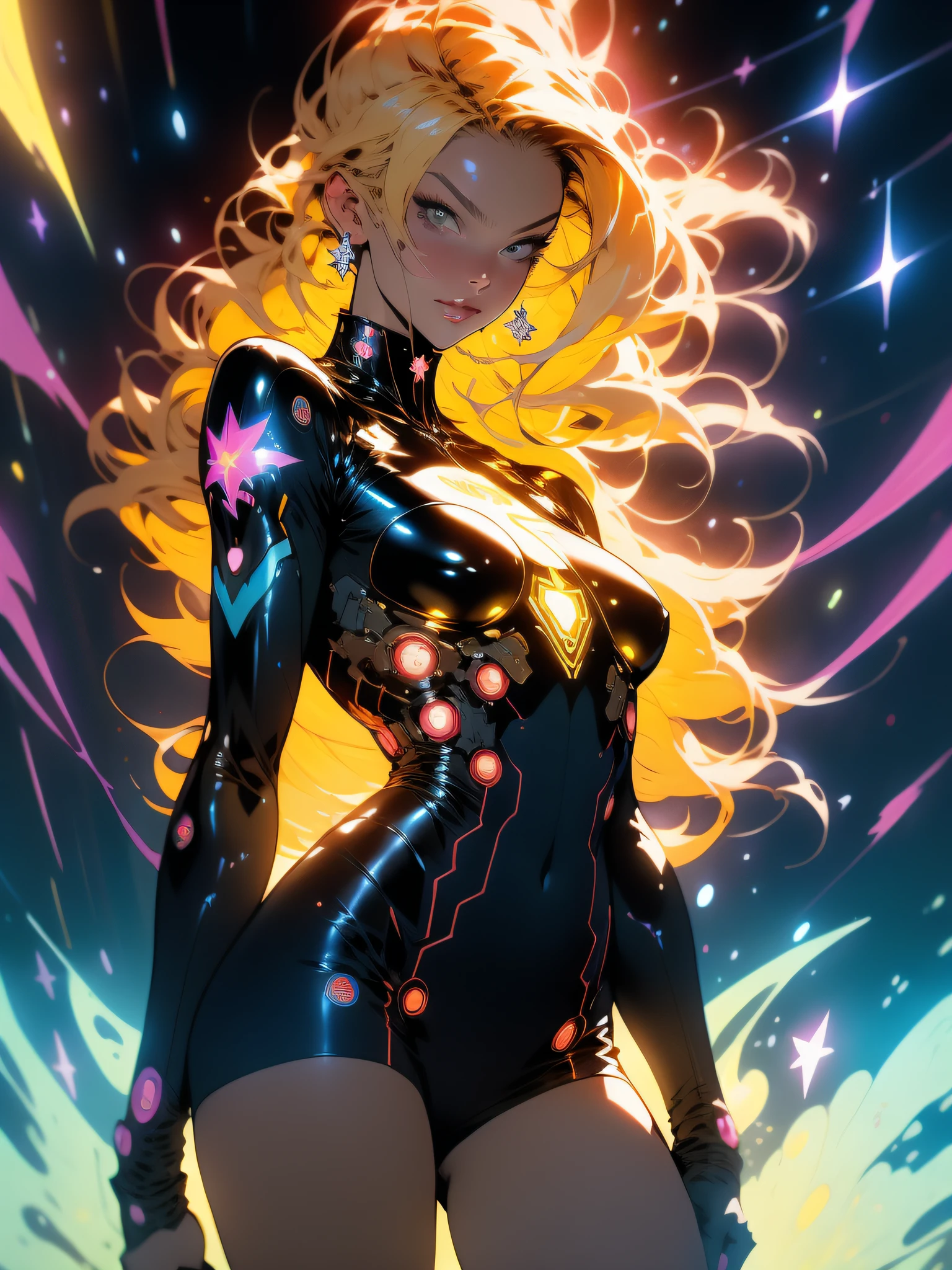 ((Best quality)), ((masterpiece)), (detailed: 1.4), (Absurd), Furious princess ready for war, Margot Robbie (((action pose))), glowing skin, perfect body, defined muscles, bare half-thick thighs, closed mouth, only in panties, (((include stars throughout the outfit))), Dark, Vampire, muscular body covered in yellow orange star clothing, very dark blue details, Neon Genesis Evangelion style and masamune shirow girls, cyberpunk, generous neckline, ((perfect medium breasts)), (well-outlined eyes without pupils), (((long, very black eyelashes)), (((dark yellow and dark blue clothing)))), (short dark blonde hair misaligned misaligned equal to major motoko kusanagi, Ghost in the Shell), (((rot rod flames covering breasts))), (Cosmic tattoo on arms), short underwear, garter belt, by mucha, niji --V5, close to real, psychopath, crazy face, sexy pose, 2 piece clothing, pastel, centered, scale to fit dimensions, HDR (High Dynamic Range),Ray Tracing,NVIDIA RTX,Super-Resolution,Unreal 5,Subsurface dispersion, PBR texture, Post-processing, Anisotropic filtering, Depth of field, Maximum clarity and sharpness, Multilayer textures, Albedo and specular maps, Surface shading, Accurate simulation of light-material interaction, Perfect Proportions, Octane Render, Two-Tone Lighting, Wide Aperture, Low ISO, White Balance, Rule of Thirds, 8K RAW, Crysisnanosuit