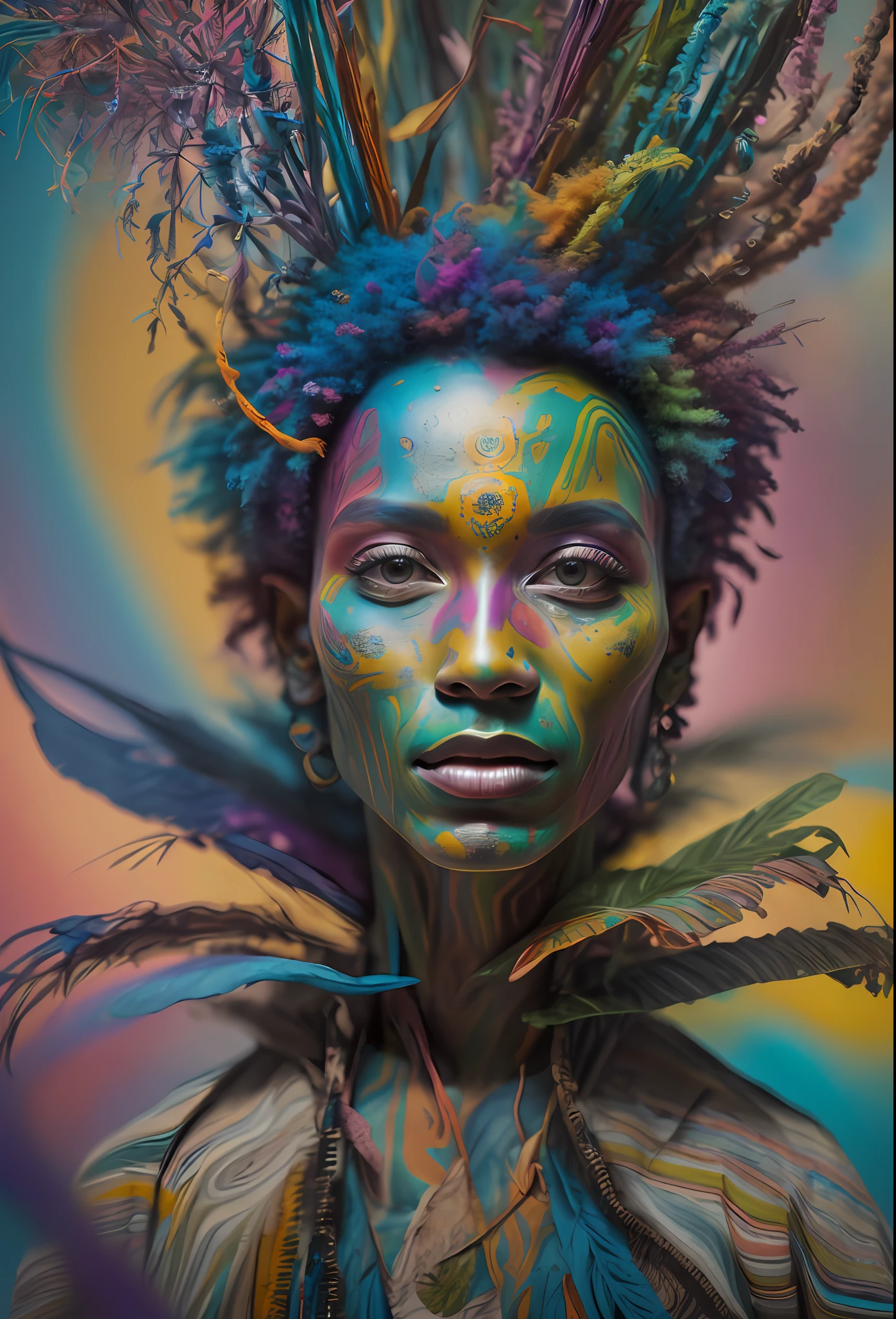 A vibrant portrait o woman from the Brazilian color forest, adorned in a punk-style outfit from the 1980s, surrounded by a mystical aura of Ayahuasca,  with a backdrop of infused colors and shapes., Lsd, psychedelic "a", by Alex Grey, photography, Cinematic lighting, Cinema 4D, Normal perspective, Made of marble, DSLR camera, Polarizing filter, Documentary scene --uplight --hd 400mm 1.8 canon, Made of marble, camera film , Fog filter, Documentary scene --uplight --hd