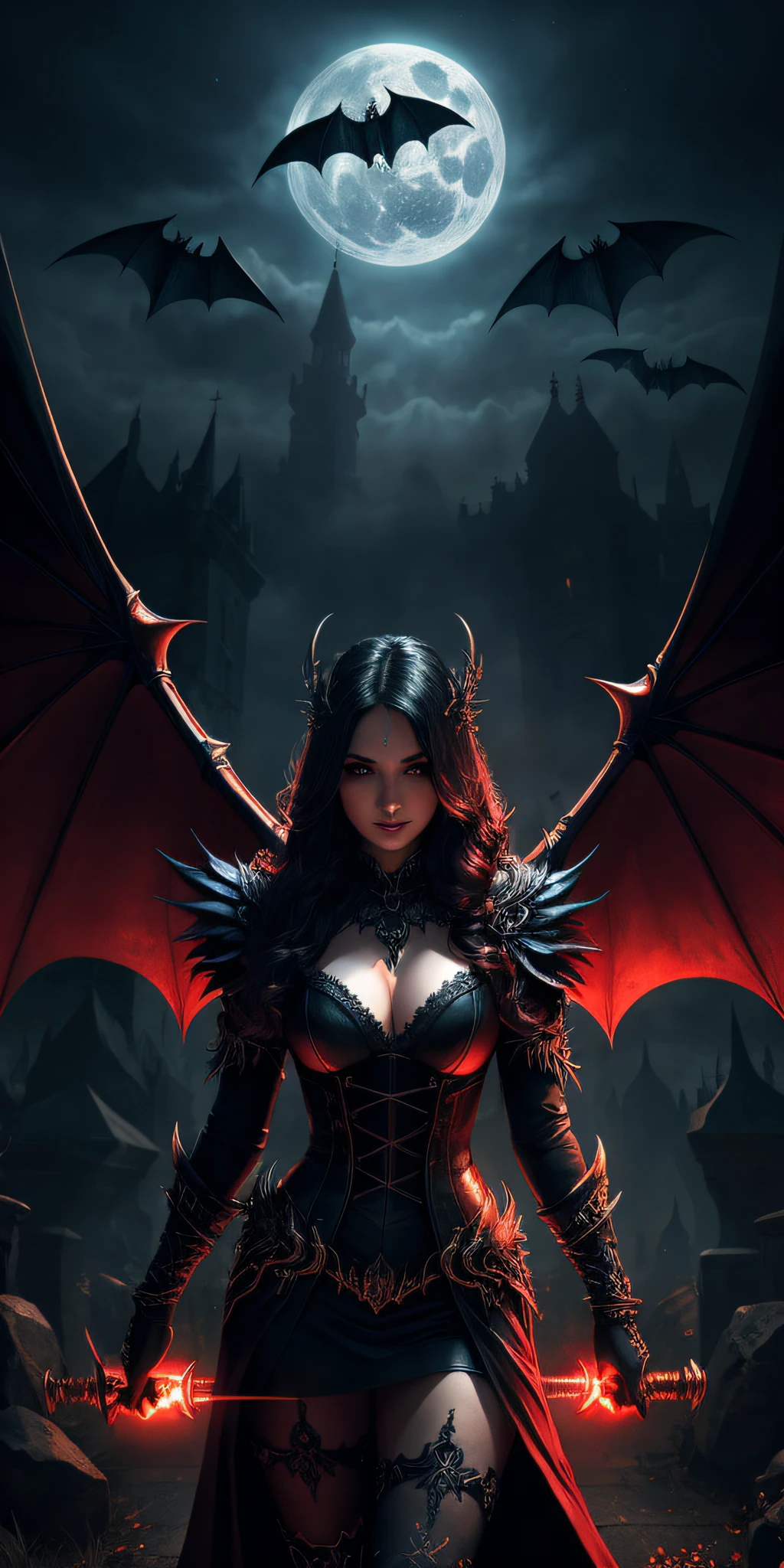 Fine, (Best Illustration), 8k Resolution, Intricate Details, Best Quality, Realistic, Ultra Detailed, Best Lighting, Best Shadows, Ultra HD, A Necromancer, Night, Magic, Dark Style, Vampire, Bat wings, red glowing eyes