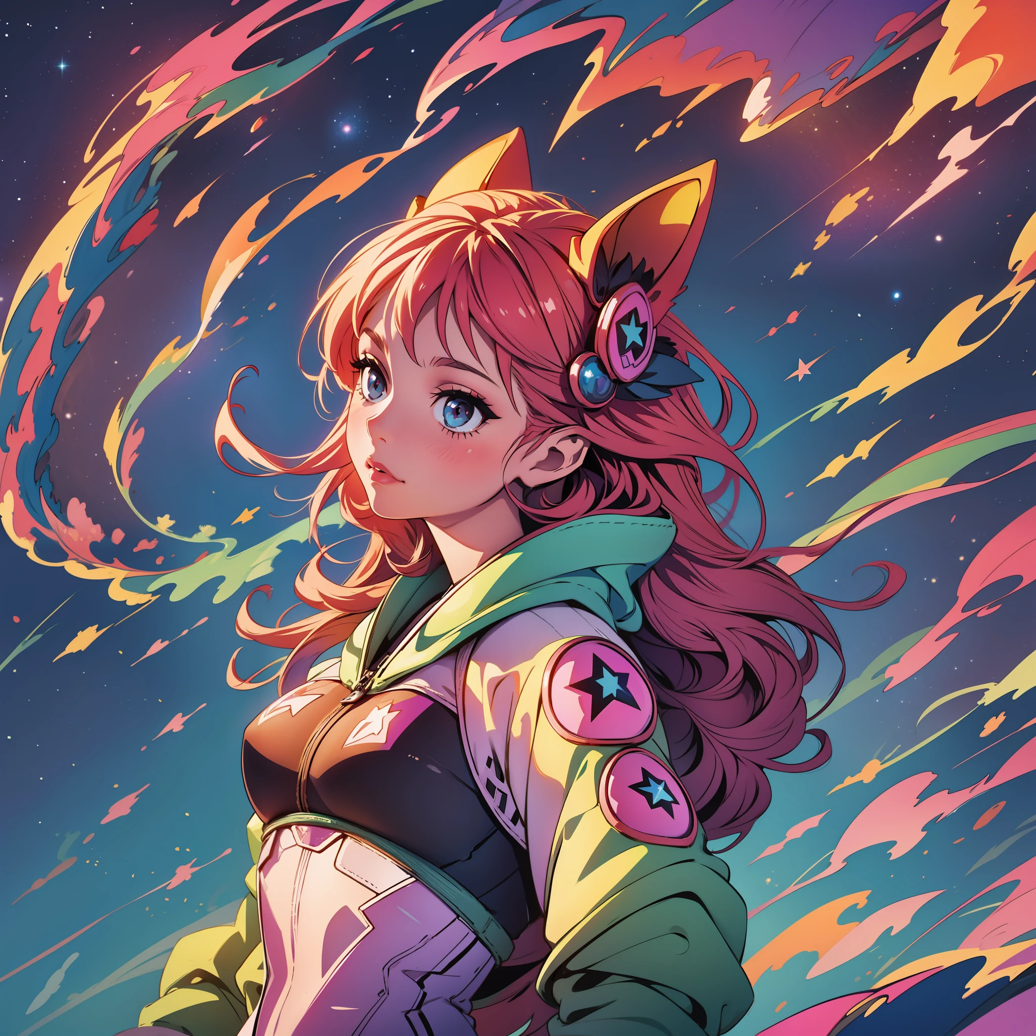 A girl in a sky with vibrant colors embraced with a twinkling star