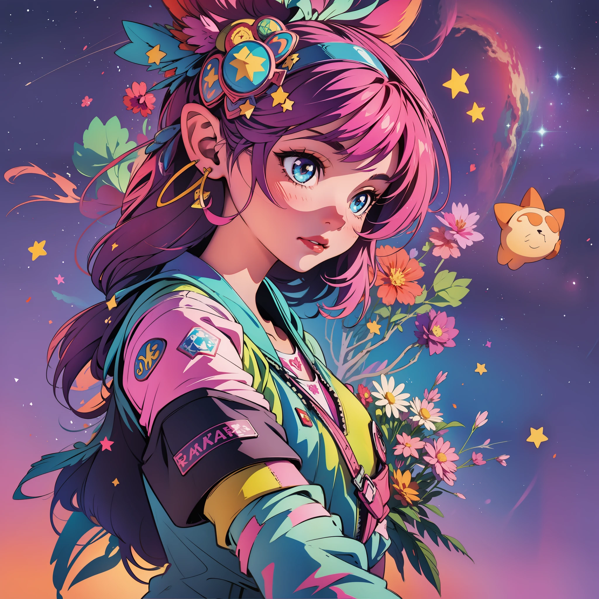 A girl in a sky with vibrant colors embraced with a twinkling star