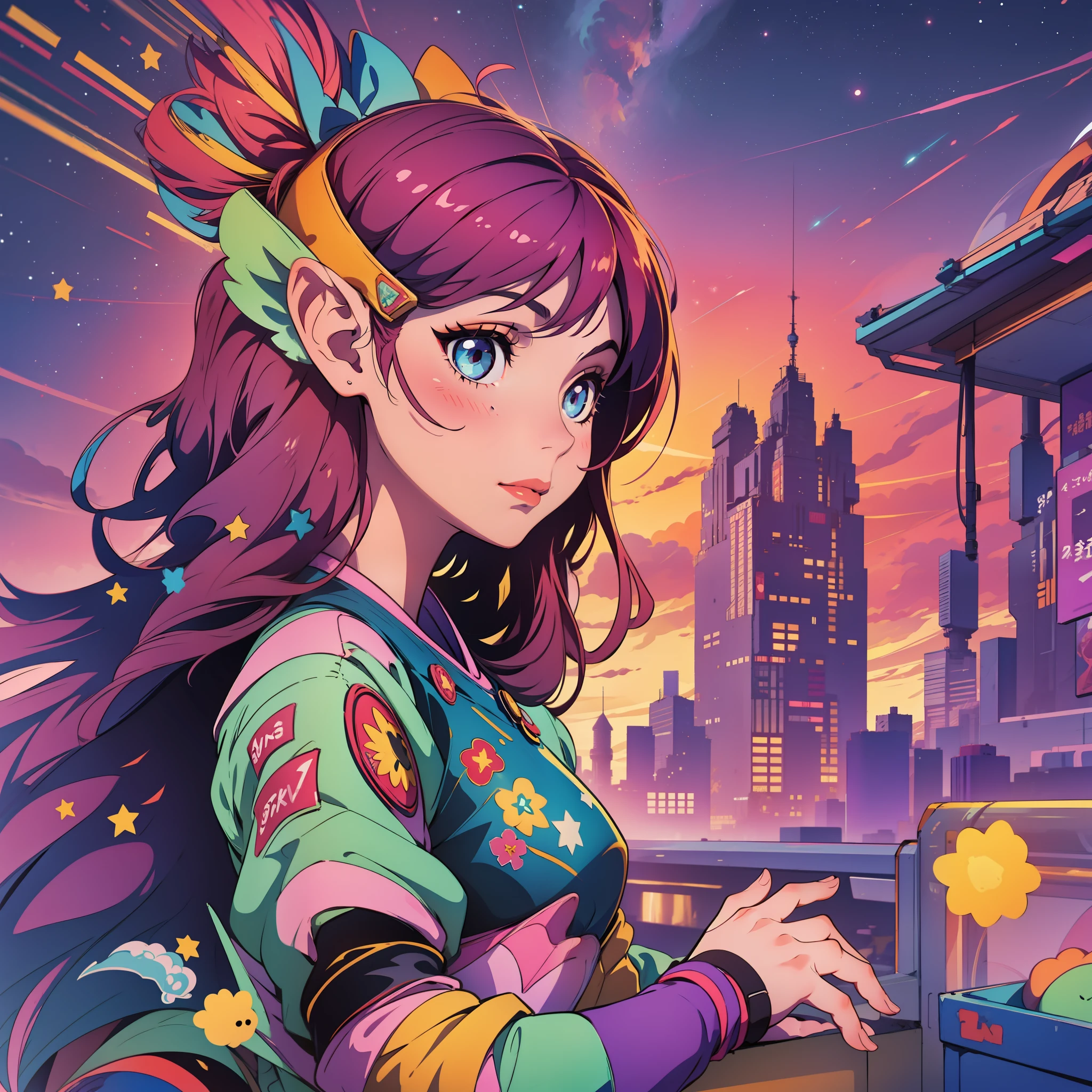 A girl in a sky with vibrant colors embraced with a twinkling star