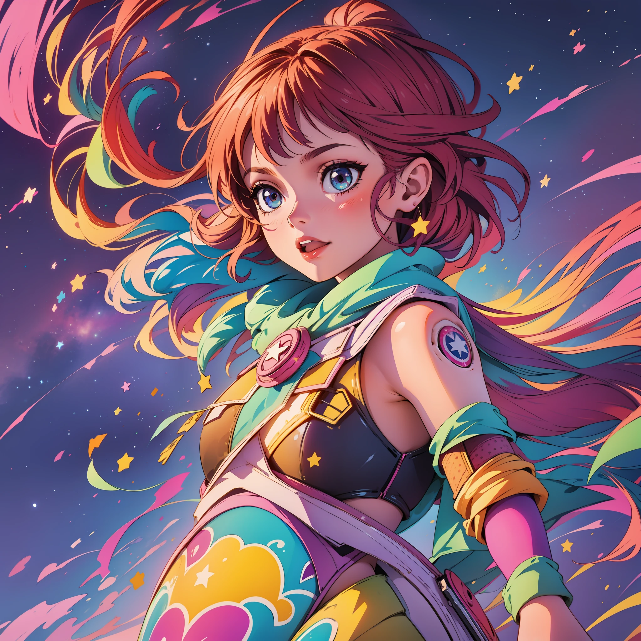 A girl in a sky with vibrant colors embraced with a twinkling star