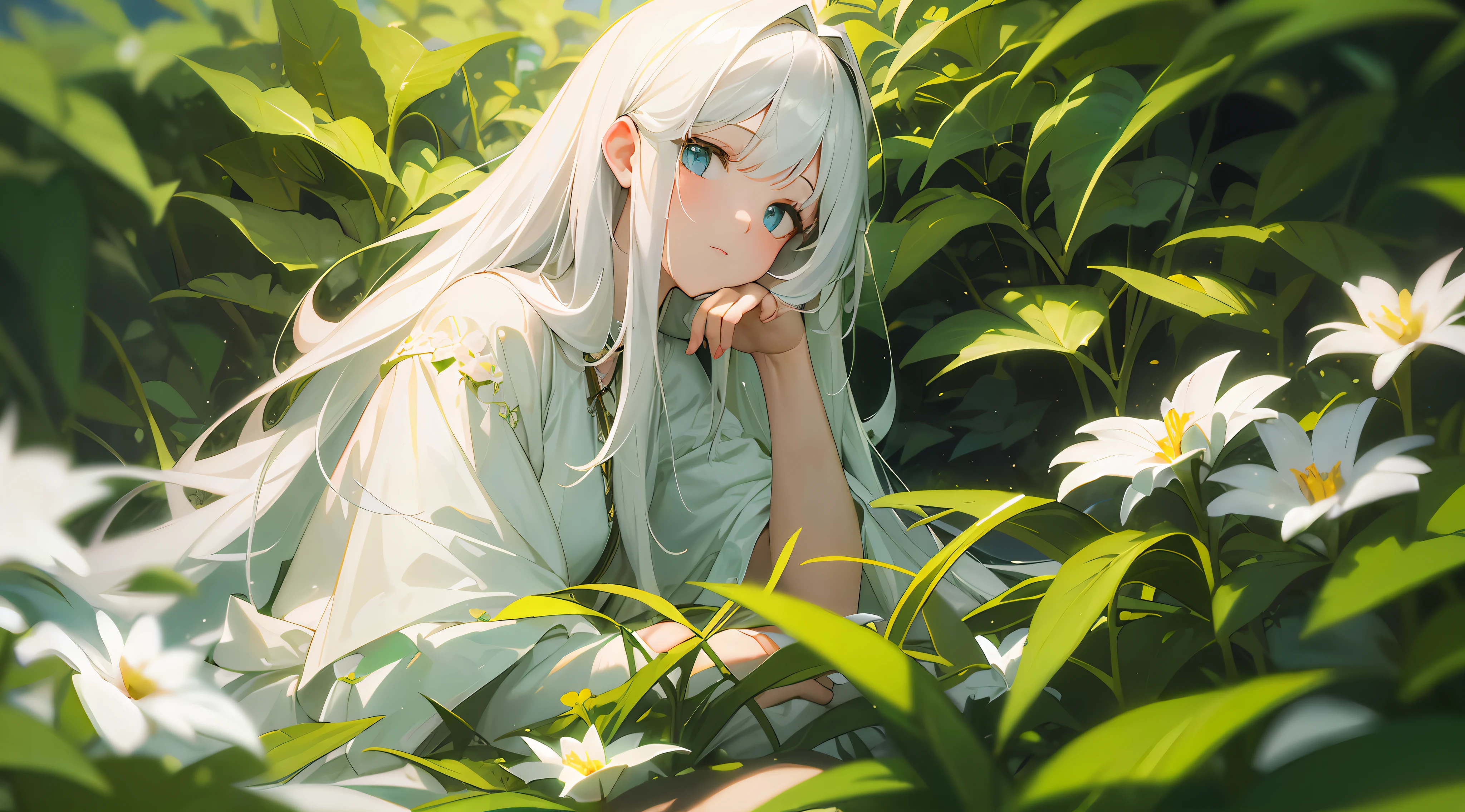 (masterpiece, best quality),1girl with long white hair sitting in a field of green plants and flowers, her hand under her chin, warm lighting, white dress, blurry foreground --auto --s2