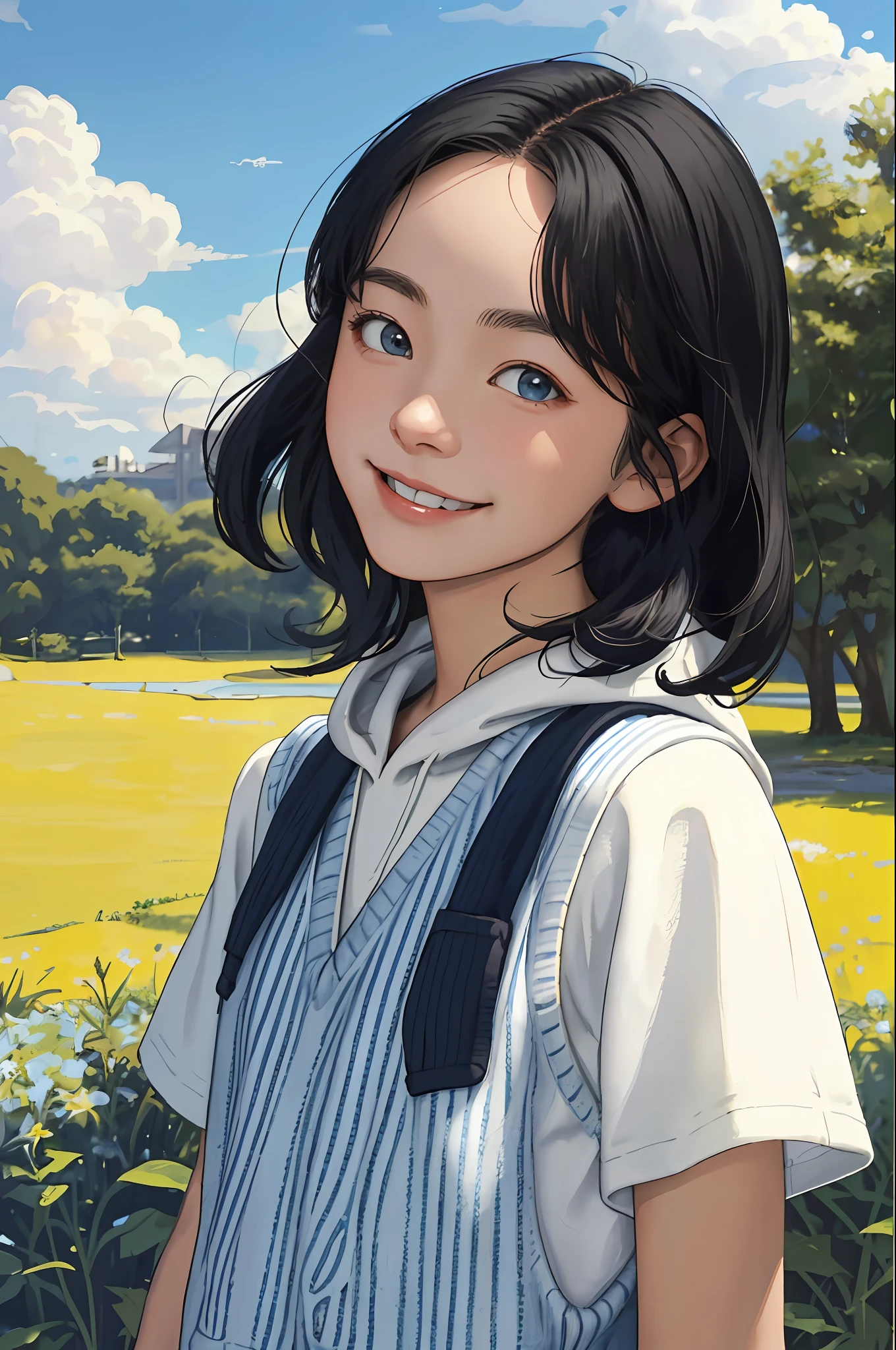 short hair, black hair, like a boy(masterpiece, best quality),1 girl, solo, outdoors, letterbox, sun, sky, watch viewer, clouds,
bright wavy hair, striped hair, hoodie, sweater vest, upper body, blue sky, depth of field, light smile,
