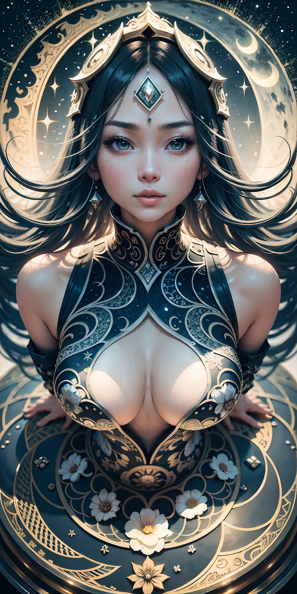 young intricate woman ,Upwards to the moon/Left hand refer to the moon — Sa Dingding— Ashes of Love, wide angle lens f/2.8, directX 12, ultra insane high resolution intricate textures, texture indentation, perfect perspective, perfect geometry, ultra insane ambient lighting, ultra insane ambient shadows, luminism, ultra detailed busy background,, at night, tessellation, maximalism, perfectionism, IPA Award wining masterpiece,