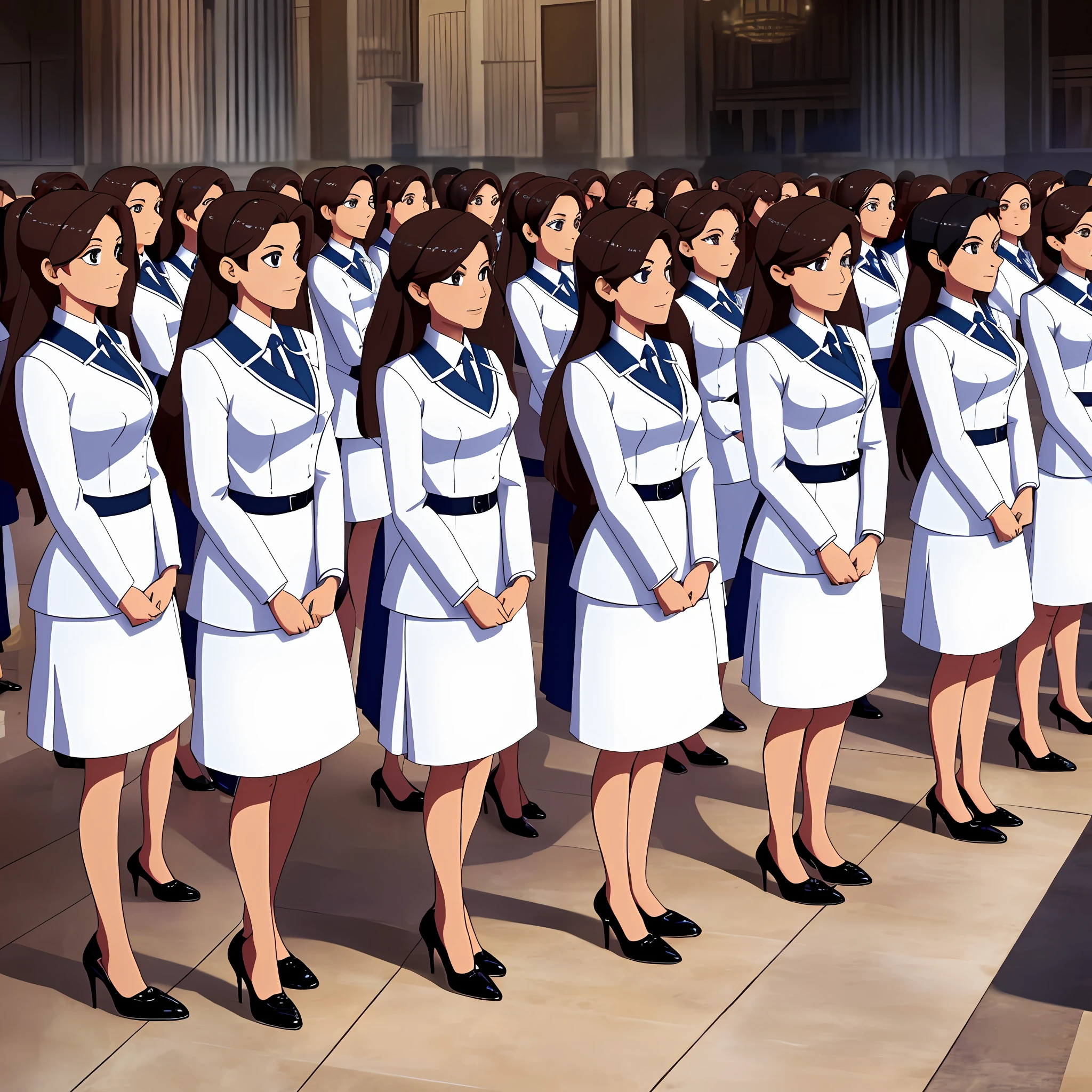 perfect anime illustration, multiple girls, thousands of girls, millions of girls, clones, identical sisters, brown hair, curly hair, long hair, matching hairstyle, hazel eyes, smiling, white skin, business attire, blue skirt suit, pencil skirt, black high heels, matching outfits, uniforms, businesswomen, highres, office, full body, bare legs, neat rows of sisters, neat columns of sisters, sisters standing in formation, sisters in background