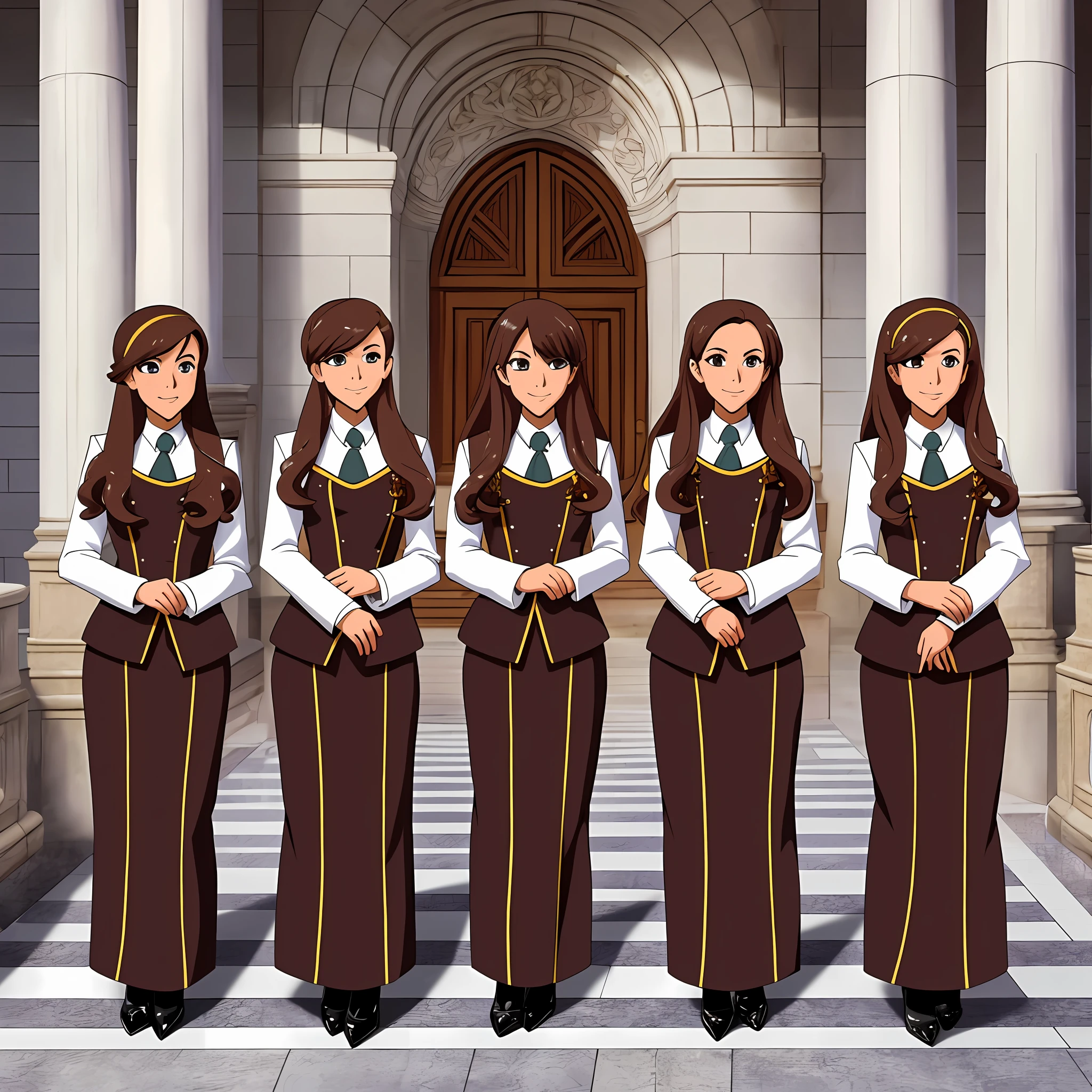 perfect anime illustration, multiple girls, thousands of girls, millions of girls, clones, identical sisters, brown hair, curly hair, long hair, matching hairstyle, hazel eyes, smiling, white skin, business attire, blue skirt suit, pencil skirt, black high heels, matching outfits, uniforms, businesswomen, highres, office, full body, bare legs, neat rows of sisters, neat columns of sisters, sisters standing in formation, sisters in background