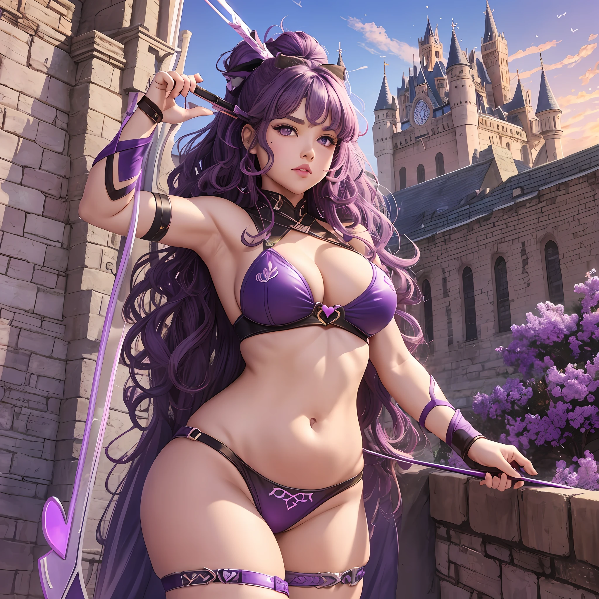 Warrior woman, brown skin, violet eyes, curly hair lavender color, chubby, heart-shaped mouth, bow and arrow, castle in the background.