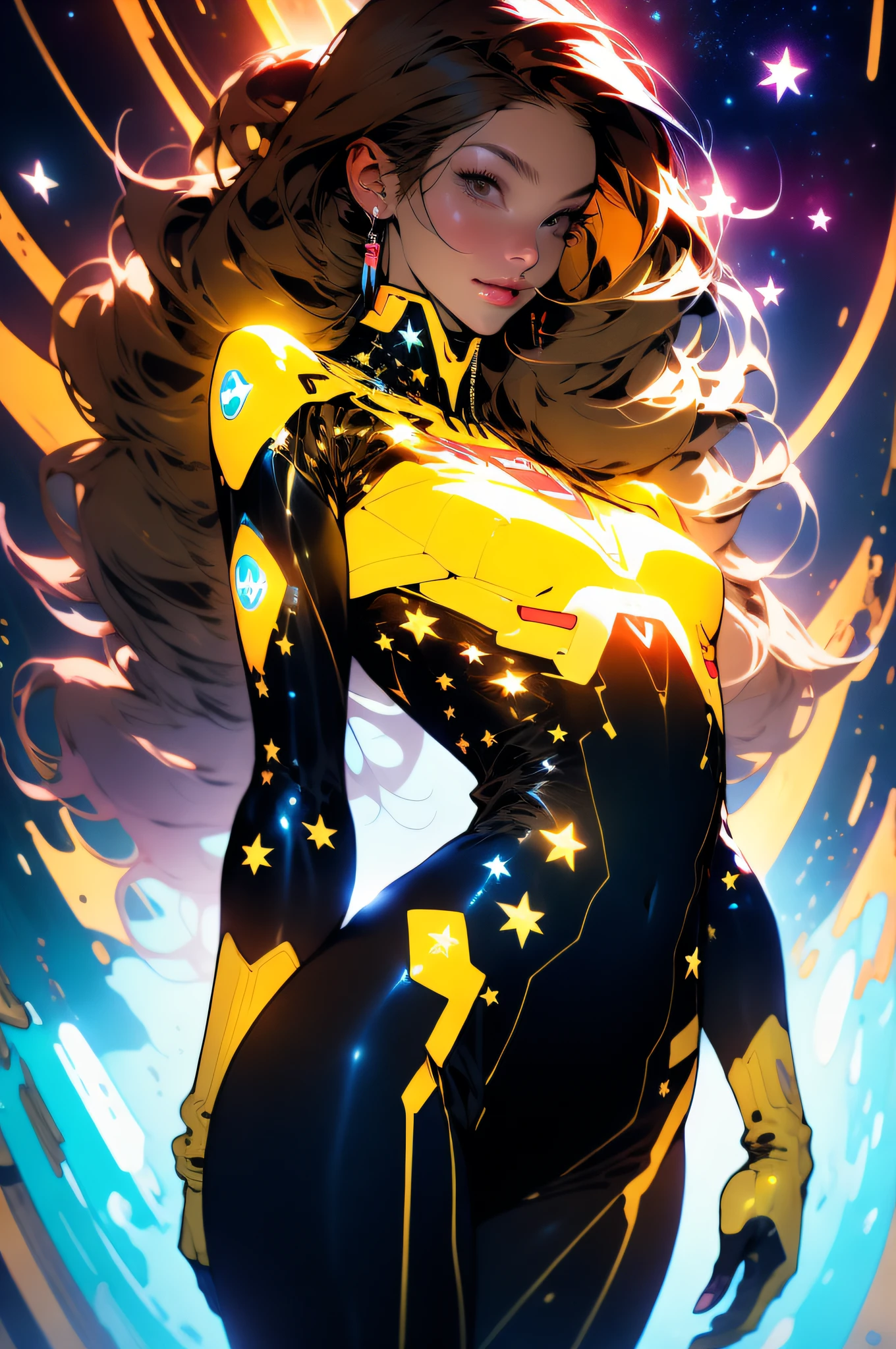 ((Best quality)), ((masterpiece)), (detailed: 1.4), (Absurd), Gynoid, (((action pose))), shiny skin, perfect body, defined muscles, half-thick bare thighs, mouth closed, only in panties, (((include stars all over the outfit))), muscular body covered by clothing Very dark blue and orange yellow with nebula effect, Genesis evangelion neon style, cyberpunk, generous neckline, ((perfect medium breasts)), (well-outlined eyes without pupils), ((long and very black eyelashes)), (((yellow and dark blue clothing))), (((brown hair with locks))), (((rot rod flames covering breasts)))), (Cosmic tattoo on the arms), short underwear, garter belt, by mucha, niji --V5, close to real, psychopathic, crazy face, sexy pose, 2 piece clothing, pastel, centered, scale to fit the dimensions, HDR (High Dynamic Range), Ray Tracing,NVIDIA RTX,Super-Resolution,Unreal 5,Subsurface Dispersion, PBR Texture, Post-processing, Anisotropic Filtering, Depth of field, Maximum clarity and sharpness, Multilayer textures, Albedo and specular maps, Surface shading, Accurate simulation of light-material interaction, Perfect proportions, Octane Render, Two-tone lighting, Wide aperture, Low ISO, White balance, Rule of thirds, 8K RAW
