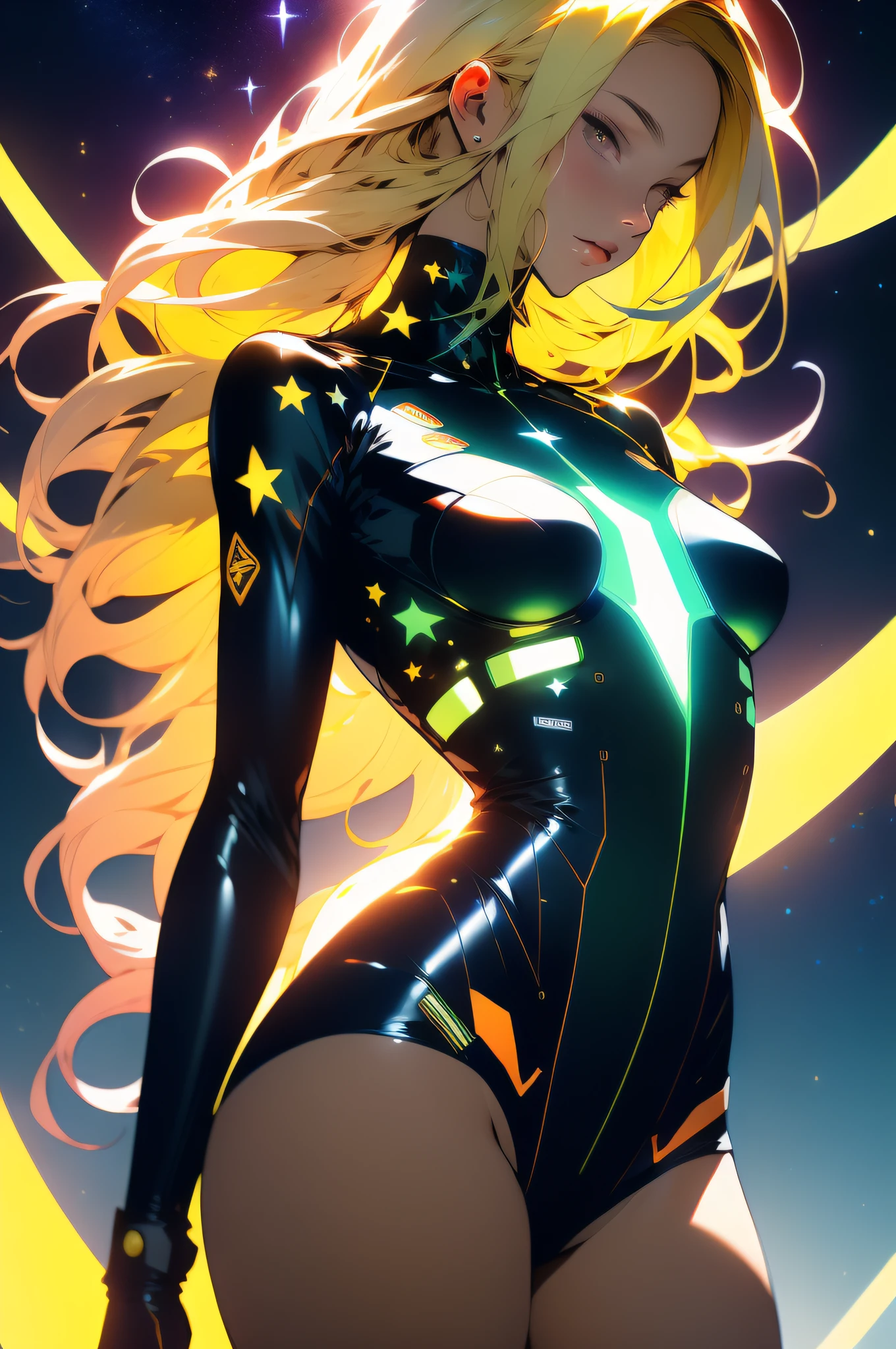 ((Best quality)), ((masterpiece)), (detailed: 1.4), (Absurd), Gynoid, (((action pose))), shiny skin, perfect body, defined muscles, half-thick bare thighs, mouth closed, only in panties, (((include stars all over the outfit))), muscular body covered by clothing Very dark blue and orange yellow with nebula effect, Genesis evangelion neon style, cyberpunk, generous neckline, ((perfect medium breasts)), (well-outlined eyes without pupils),  ((long and very black eyelashes)), (((dark green, yellow and dark blue clothing)))), (((blonde hair with locks))), (((rot rod flames covering the breasts))), (Cosmic tattoo on the arms), short underwear, garter belt, by mucha, niji --V5, close to real, psychopath, crazy face, sexy pose, 2 piece clothing, pastel, centered, scale to fit the dimensions, HDR (High Dynamic Range), Ray Tracing,NVIDIA RTX,Super-Resolution,Unreal 5,Subsurface Dispersion, PBR Texture, Post-processing, Anisotropic Filtering, Depth of field, Maximum clarity and sharpness, Multilayer textures, Albedo and specular maps, Surface shading, Accurate simulation of light-material interaction, Perfect proportions, Octane Render, Two-tone lighting, Wide aperture, Low ISO, White balance, Rule of thirds, 8K RAW