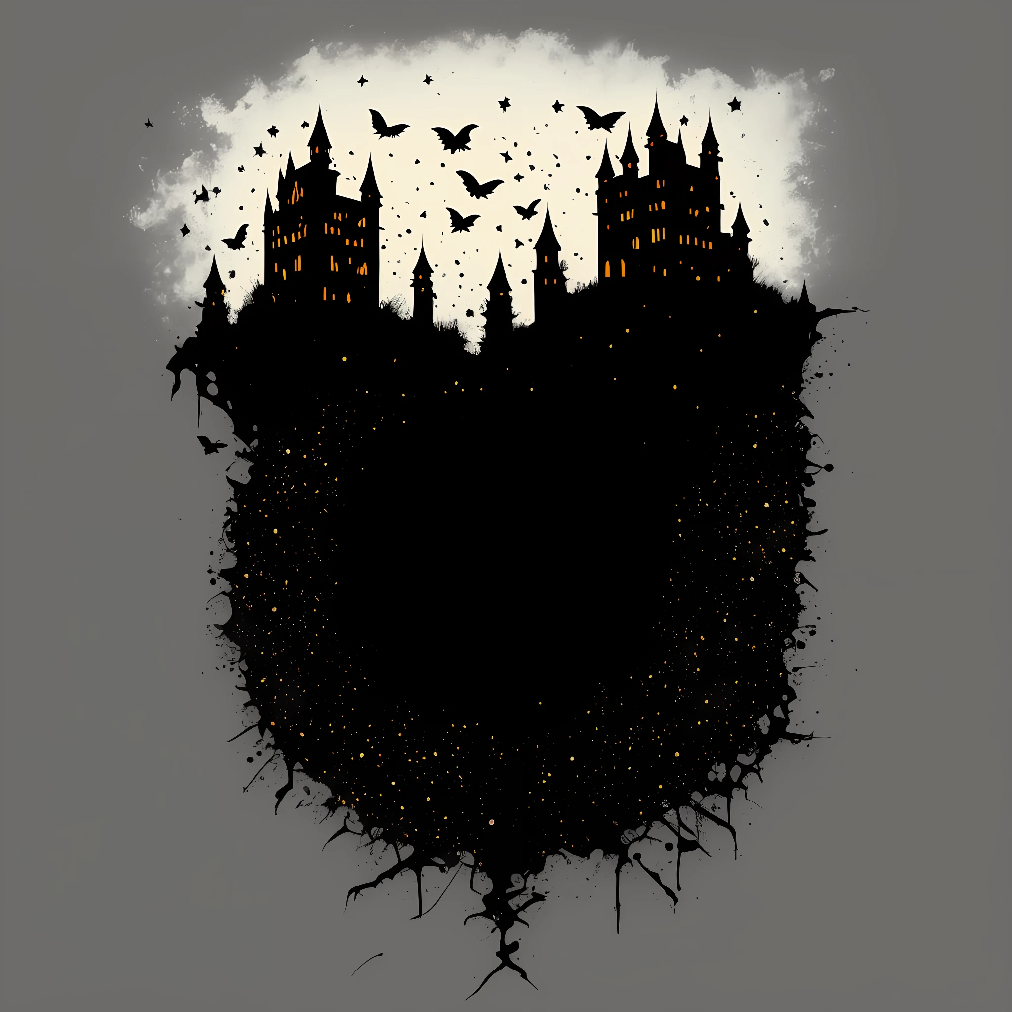 risograph of a castle on a (dark black background:1.4 ) and the ground is full, with small stars all over it by edward hopper 8 k trending in artstation octane render unreal engine 5 vfx houdini zaha hadid 3 d concept matte painting digital illustration style cinematic dramatic volumetric lighting ray tracing light rays rtx ambient occlusion pix. (centered and enclosed on a black background:1.2) as a t-shirt logo in the style of art