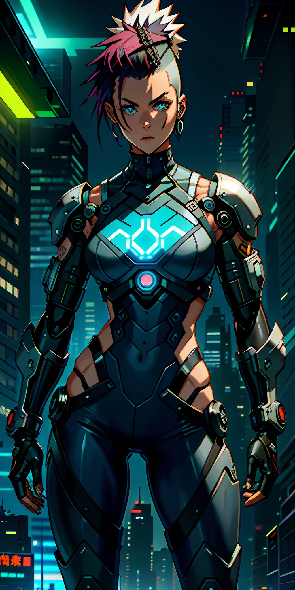 Woman, buff, muscles, mohawk hair, futuristic, cyberpunk, wearing furutric robotic armor,