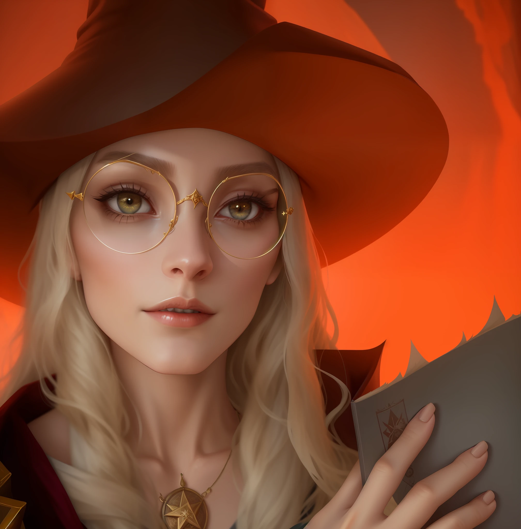 Blonde woman in a witch costume holding a grimoire with a magic circle on the cover, simple round glasses, hair between gray and silver, Maya Ali as a D&D sorceress, a young witch, portrait of a wizard, portrait of a female wizard, close-up portrait of a wizard, portrait of a young witch, portrait of a sorceress, female witch, Maya Ali as sorceress D&D (realistic portrait, 8k, high resolution)