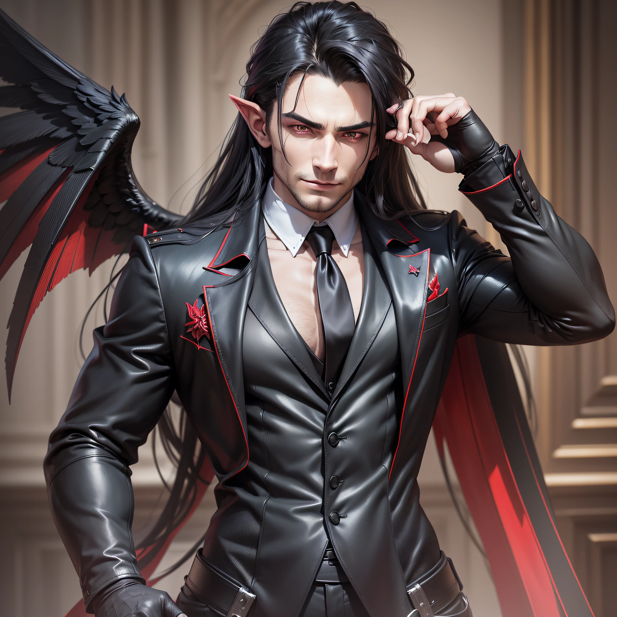 ((Masterpiece in 8k))+((High resolution)), European Scandinavian the devil Lucifer, 1man with athletic_body; 1.2, stately pale_skinned and radiant, wicked deep red eyes, long straight black hair in strands over shoulders, immense power, haughty, highly symmetrical face with slightly angular features ((perfect_face: 1.2)), wearing black business attire, black suit, carmine red shirt and tie, perfect angel, fallen_angel, black_wings, black_feathers, sculpted perfection, style by Gaston Lachaise, pointy ears, evil smile, Gothic art, Nikon, UHD, retina, textured skin, best quality