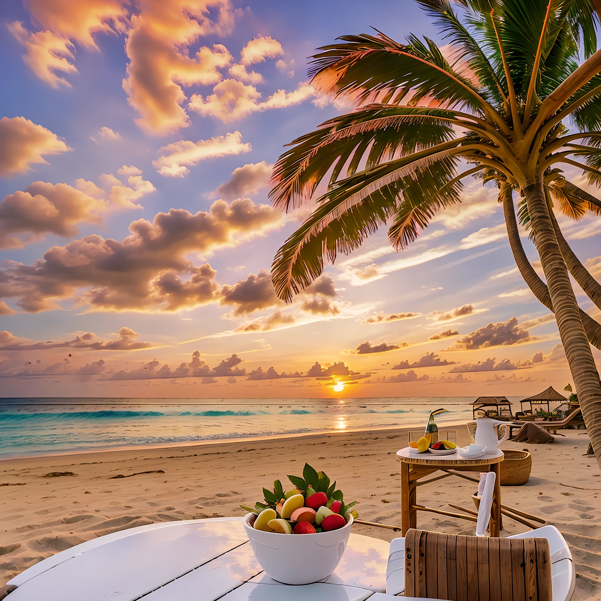 Stunning landscape, paradisiacal beach sunset pink, coconut trees in the background, beach chairs and parasol, a white pot with strawberry banana granola on a table