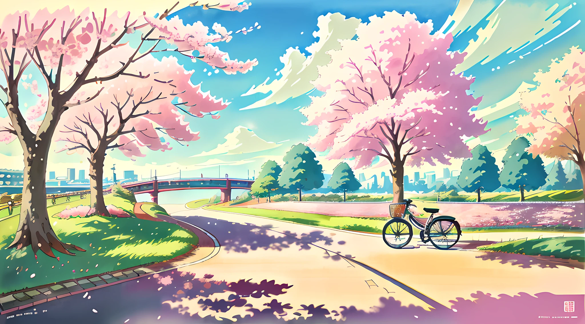 (bike:1.5), laid on the ground, lofi landscape, nature, proportions respected, park, japan, cherry blossom, details, landscape background, shadows, contrast, (Best quality:1.3), (Highres:1) Art by Studio Ghibli Style, Vibrant Colors, Impressionism
