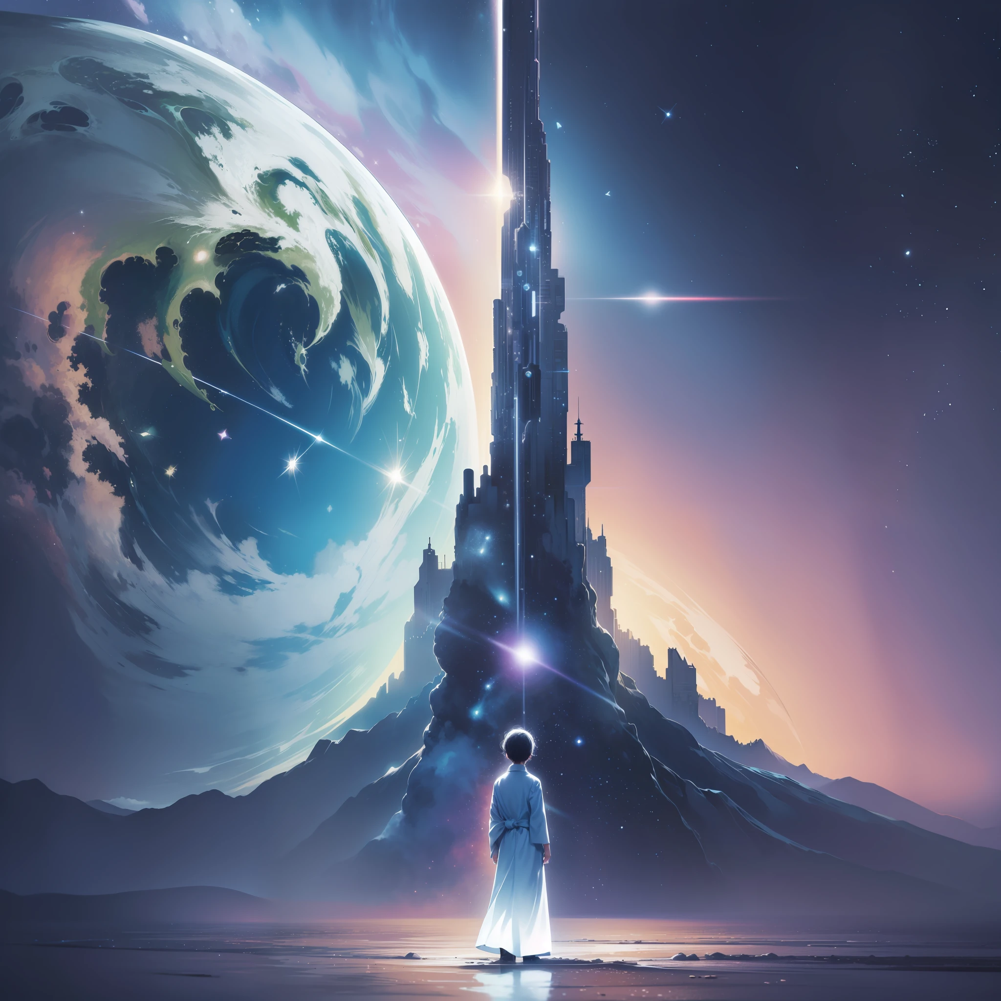 Although the image conveys a deep sadness, it also carries a poetic and contemplative quality. The presence of the cosmos symbolizes the immensity of the world and the search for meaning in the midst of pain. The combination of colors and visual elements aims to awaken a reflection on human anguish and the complex beauty that can be found even in the most difficult moments.