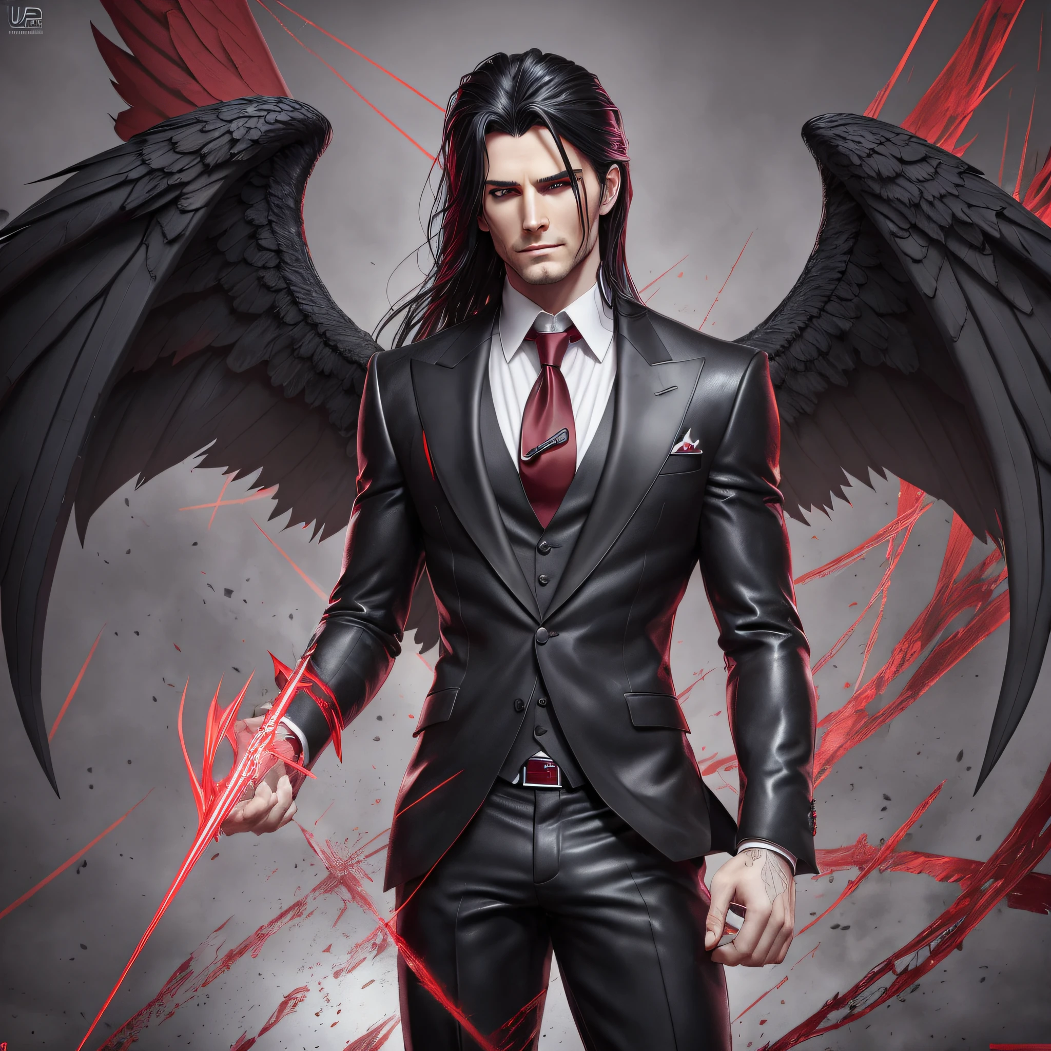 ((Masterpiece in 8k))+((High resolution)), European Scandinavian the devil Lucifer, 1man with athletic_body; 1.2, stately pale_skinned and radiant, wicked deep red eyes, long straight black hair in strands over shoulders, immense power, haughty, highly symmetrical face with slightly angular features ((perfect_face: 1.2)), wearing black business attire, black suit, carmine red shirt and tie, perfect angel, fallen_angel, black_wings, black_feathers, sculpted perfection, style by Gaston Lachaise, pointy ears, evil smile, Gothic art, Nikon, UHD, retina, textured skin, best quality