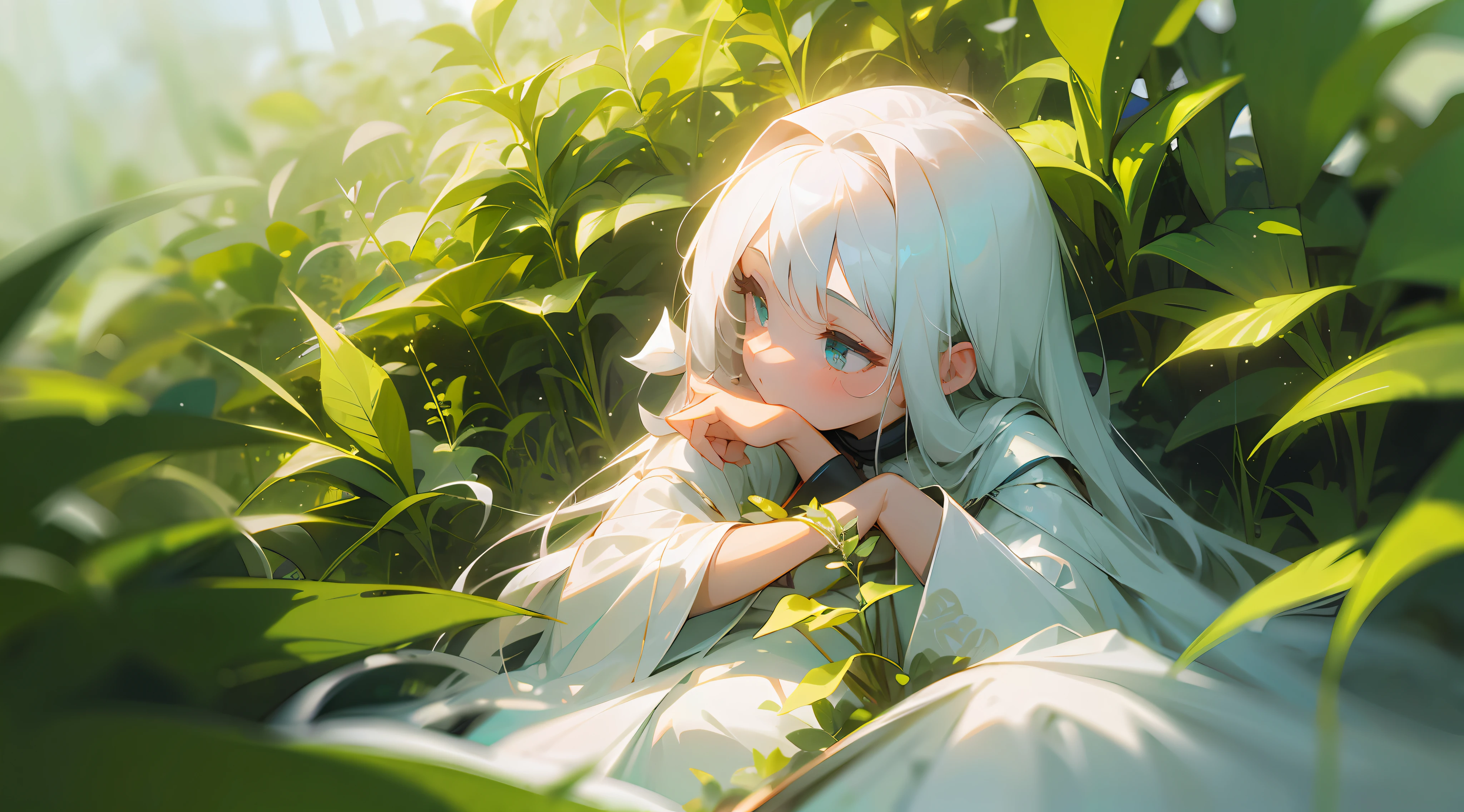 (masterpiece, best quality),1girl with long white hair sitting in a field of green plants and flowers, her hand under her chin, warm lighting, white dress, blurry foreground --auto --s2