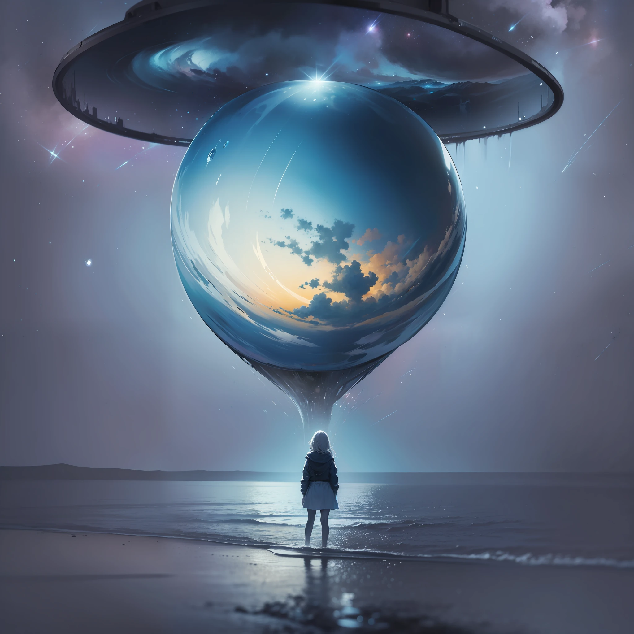 The empty space around her highlights the sense of isolation and desolation she experiences, as if she were adrift in the vast universe. Although the image conveys a deep sadness, it also carries a poetic and contemplative quality. The presence of the cosmos symbolizes the immensity of the world and the search for meaning in the midst of pain. The combination of colors and visual elements aims to awaken a reflection on human anguish and the complex beauty that can be found even in the most difficult moments.