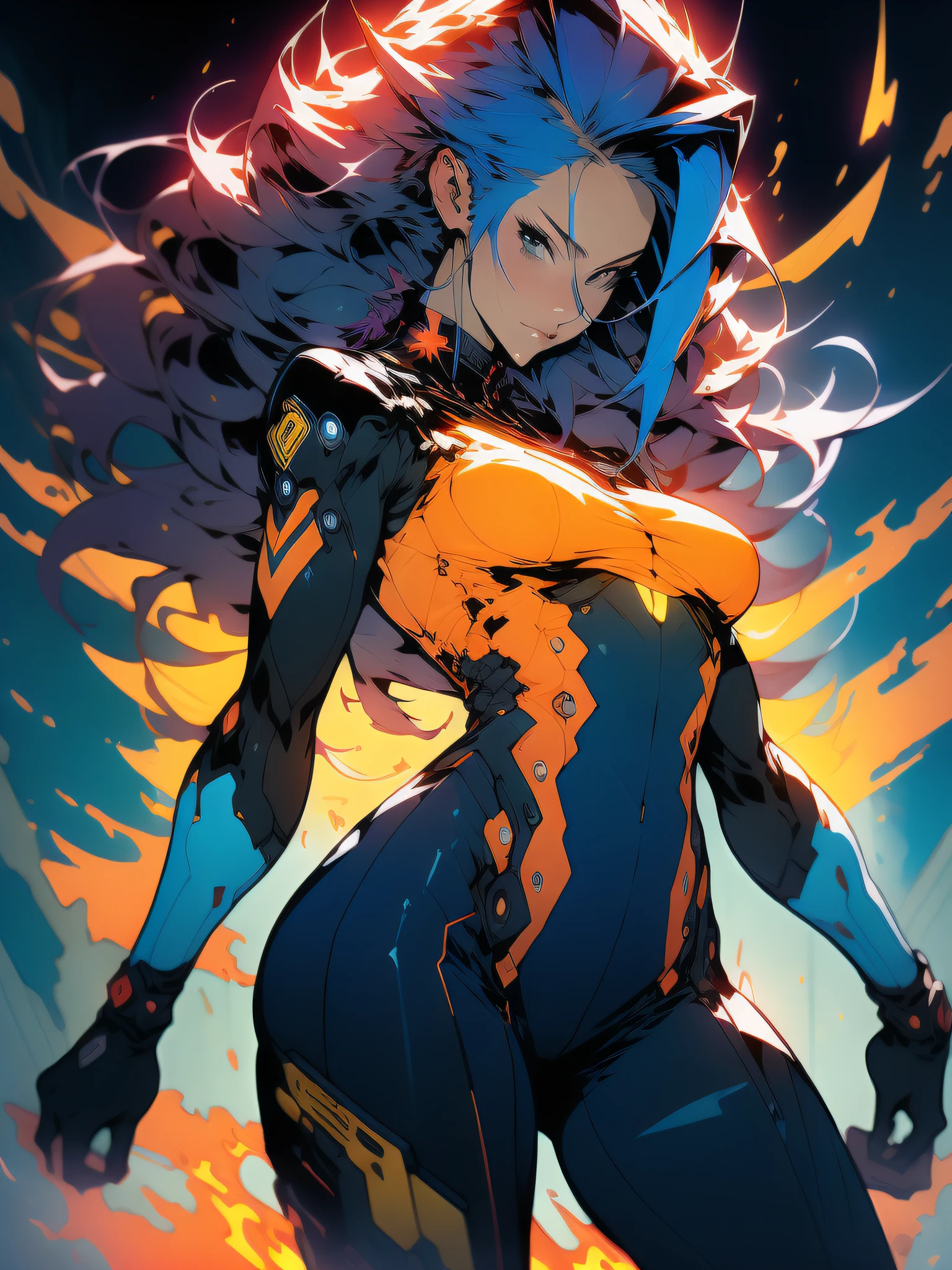 ((Best quality)), ((masterpiece)), (detailed: 1.4), (Absurd), Furious princess ready for war, Carrie Anne Moss, The Matrix, (((action pose))), glowing skin, perfect body, defined muscles, half-thick naked thighs, closed mouth, only in panties, (((include hot rod flames all over the outfit))), Dark, Vampire, muscular body covered in clothing Very dark blue and star orange, very dark blue details, Neon Genesis Evangelion style and masamune shirow girls, cyberpunk, generous cleavage, ((perfect medium breasts)), (well-outlined eyes without pupils), (((long, very black eyelashes)), (((dark yellow and dark blue clothing)))), (mohawk rust-colored hair misaligned equal to major motoko kusanagi, Ghost in the Shell), ((((rot rod flames covering breasts))), (Cosmic tattoo on arms), short underwear, alloy strap, by mucha, niji --V5, close to real, psychopathic, crazy face, sexy pose, 2 pieces clothing, pastel, centered, scale to fit dimensions, HDR (High Dynamic Range),Ray Tracing,NVIDIA RTX,Super-Resolution,Unreal 5,Subsurface dispersion, PBR texture, Post-processing, Anisotropic filtering, Depth of field, Maximum clarity and sharpness, Multilayer textures, Albedo and specular maps, Surface Shading, Accurate Simulation of Light-Material Interaction, Perfect Proportions, Octane Render, Two-Tone Lighting, Wide Aperture, Low ISO, White Balance, Rule of Thirds, 8K RAW, Crysisnanosuit