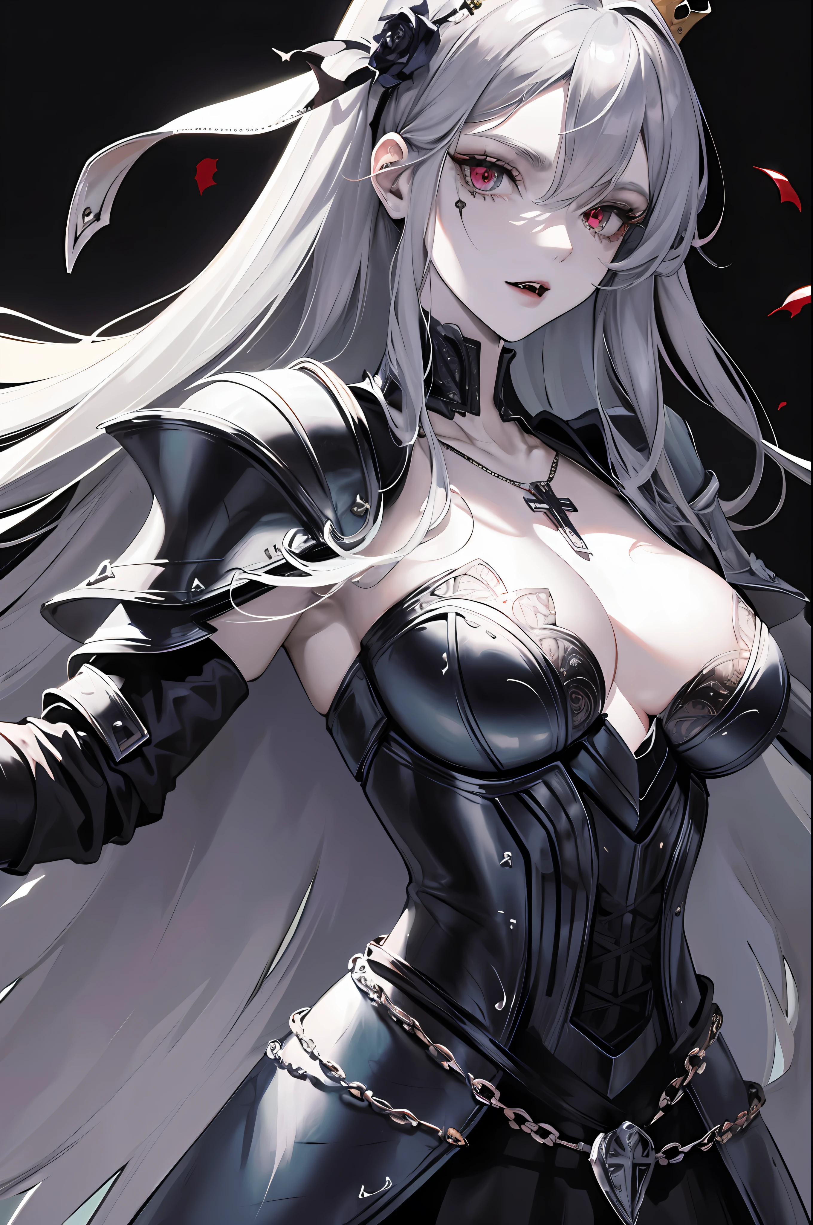 vampire, , , masterpiece, best quality, super detailed, illustration, super detailed face, best face, evil,, adult, 1girl, 30 years old, big breasts, no humans, gray hair, torn armor, cross necklace, crown, cape, pale skin, intricate detail outfit