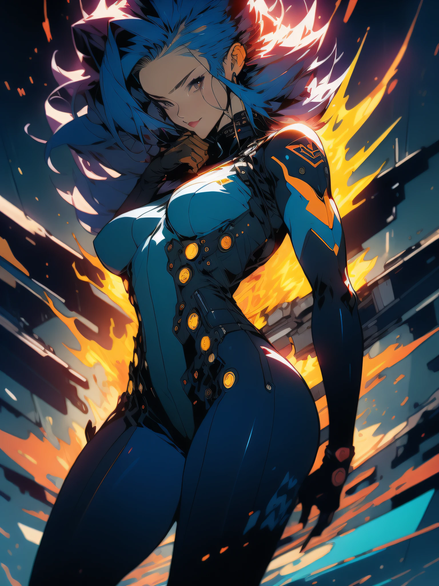((Best quality)), ((masterpiece)), (detailed: 1.4), (Absurd), Furious princess ready for war, Carrie Anne Moss, The Matrix, (((action pose))), glowing skin, perfect body, defined muscles, half-thick naked thighs, closed mouth, only in panties, (((include hot rod flames all over the outfit))), Dark, Vampire, muscular body covered in clothing Very dark blue and star orange, very dark blue details, Neon Genesis Evangelion style and masamune shirow girls, cyberpunk, generous cleavage, ((perfect medium breasts)), (well-outlined eyes without pupils), (((long, very black eyelashes)), (((dark yellow and dark blue clothing)))), (mohawk rust-colored hair misaligned equal to major motoko kusanagi, Ghost in the Shell), ((((rot rod flames covering breasts))), (Cosmic tattoo on arms), short underwear, alloy strap, by mucha, niji --V5, close to real, psychopathic, crazy face, sexy pose, 2 pieces clothing, pastel, centered, scale to fit dimensions, HDR (High Dynamic Range),Ray Tracing,NVIDIA RTX,Super-Resolution,Unreal 5,Subsurface dispersion, PBR texture, Post-processing, Anisotropic filtering, Depth of field, Maximum clarity and sharpness, Multilayer textures, Albedo and specular maps, Surface Shading, Accurate Simulation of Light-Material Interaction, Perfect Proportions, Octane Render, Two-Tone Lighting, Wide Aperture, Low ISO, White Balance, Rule of Thirds, 8K RAW, Crysisnanosuit