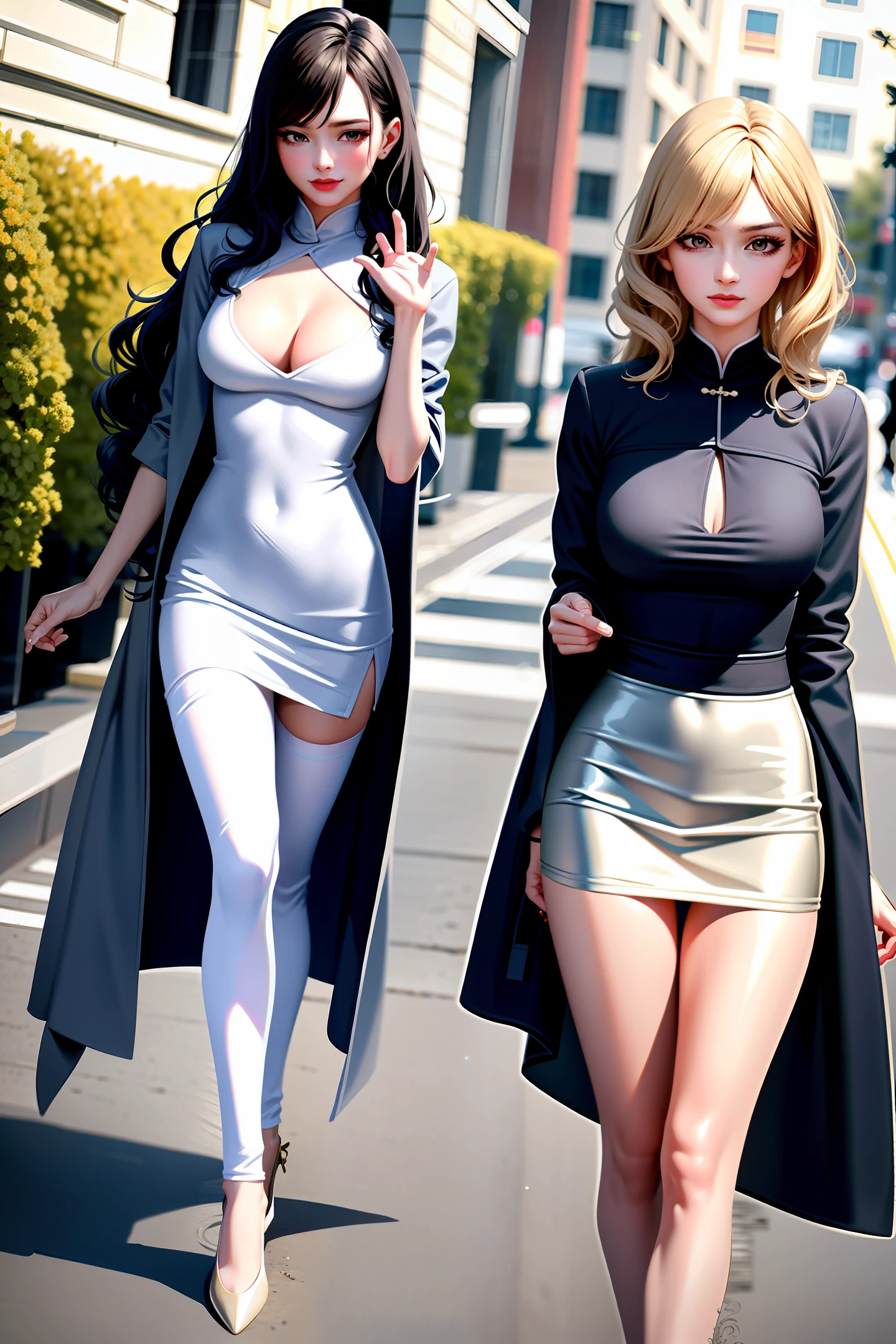extremely detailed CG unity 8k wallpaper,(masterpiece),(best quality),(ultra detailed),(ultra realistic),(Best character details:1.36),nikon d750 f/1.4 55mm,dynamic angle,professional lighting, photon mapping, radiosity, physically-based rendering,
outdoors,busy street,looking at viewer,blush,
1girl,mature female,milf,tall body,golden proportions,(Kpop idol),(shiny skin:1.2),(oil skin:1.1),makeup,[:(high detailed face:1.2):0.2]:,PureErosFace_v1,
((wavy gray hair and a sophisticated sense of style)),(aegyo sal:1),(puffy eyes),(eyelashes:1.1),(parted lips:1.1),red lipstick,wide shoulders,(medium breasts:1.1),(cleavage:1.1),animal ears,(big ass:1.2),thighhighs,
 silk coat, song, song Dynasty, song clothing