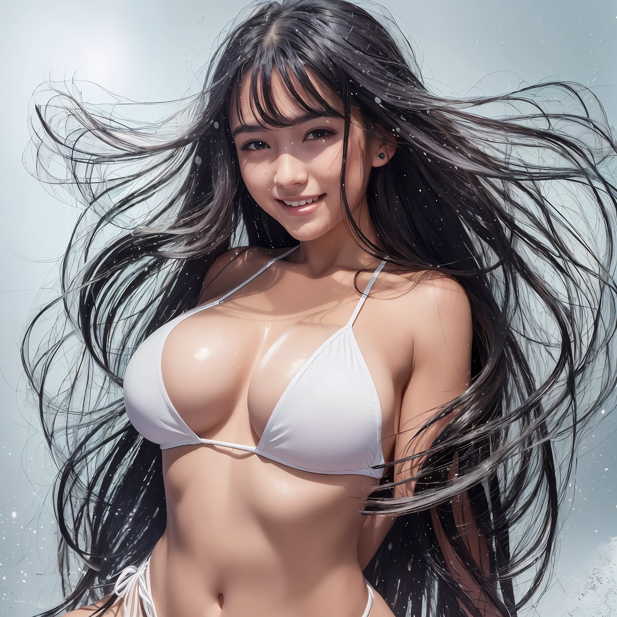 ((Top Quality, 8k, Masterpiece: 1.3)), 1 girl, Beautiful girl with accentuated slender abs: 1.3, (Random hairstyle, huge breasts: 1.2), Wet clothes: 1.2, Ultra detailed face, detailed eyes, double eyelids, sexy swimsuit, white bikini, masterpiece, Best quality, toned, high resolution, spirit color, one girl, 13 year old cute woman, wet thin fabric swimsuit, (super big : 3.9), face close-up, (from top of head to navel: 1.9), (wet and sheer white micro bikini : 2.5) solo, (big breasts: 3.9), very cute lips, cleavage, bangs, black hair blown by the real wind, long hair with 5 mails, laughing face, moon, smile, black eyes, teeth, face closeup, --auto --s2