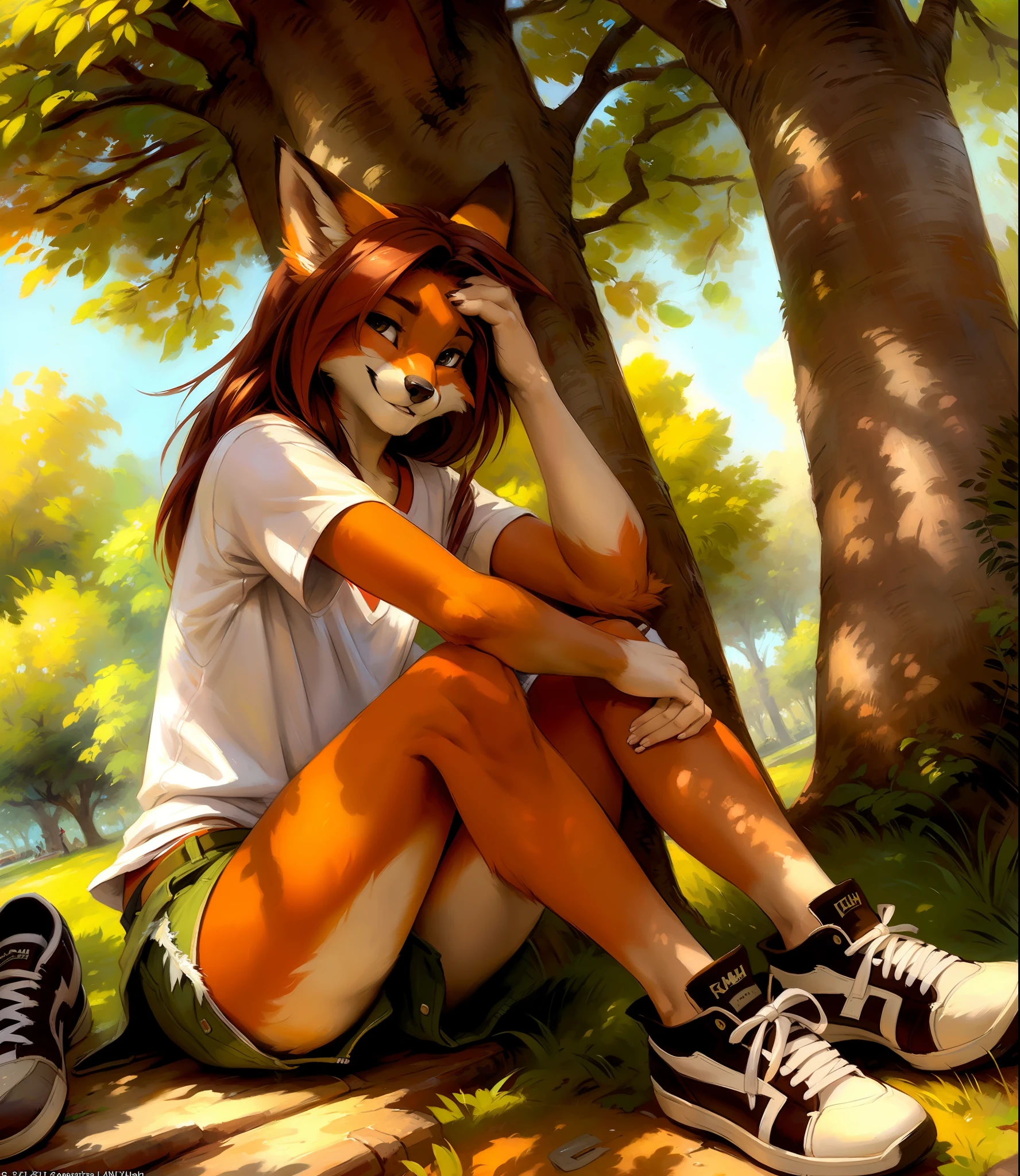 fox girl, big chest, day, sexy, sensual, detailed, uploaded to e621, beautiful and detailed portrait of an anthropomorphic vixen ((female))) kenket, Ross Tran, ruan jia, uploaded to e621, zaush, foxovh, movie lighting, park, under a tree, white t-shirt, ripped pants, sneakers