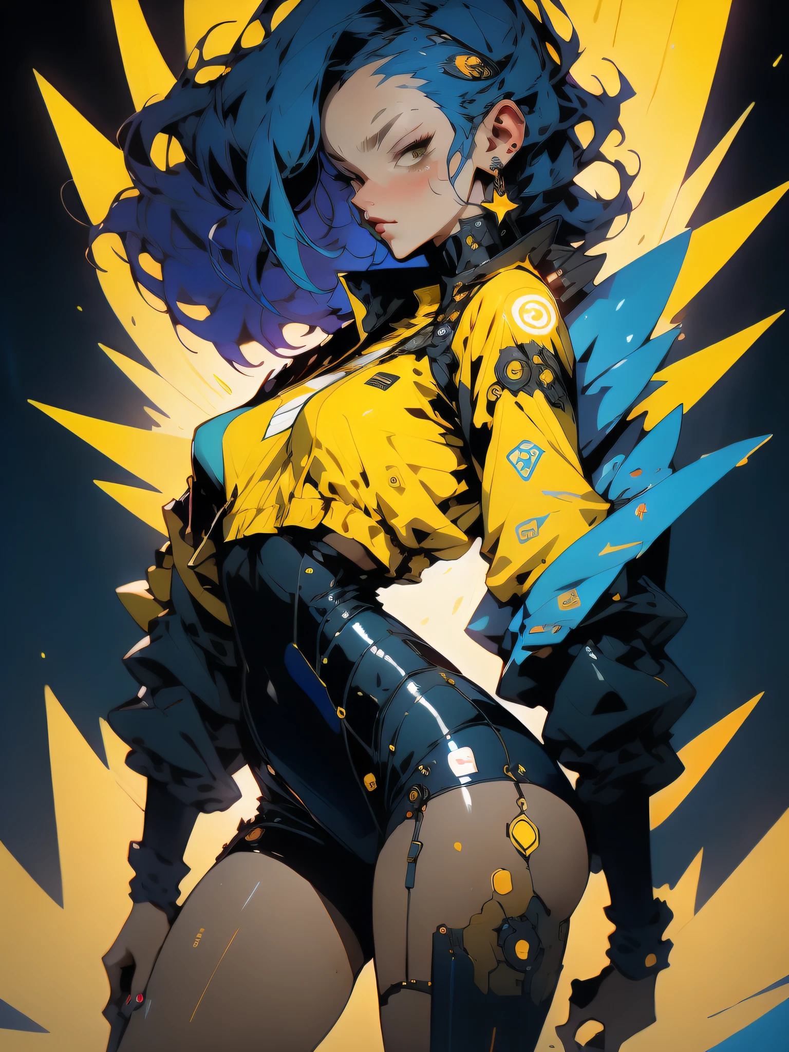 ((Best quality)), ((masterpiece)), (detailed: 1.4), (Absurd), Furious princess ready for war, Carrie Anne Moss, The Matrix, (((action pose))), glowing skin, perfect body, defined muscles, half-thick naked thighs, closed mouth, only in panties, (((include hot rod flames all over the outfit))), Dark, Vampire, muscular body covered in clothing Very dark blue and star orange, very dark blue details, style Neon Genesis Evangelion and masamune shirow girls, cyberpunk, generous neckline, ((perfect medium breasts)), (well-outlined eyes without pupils), (((long and very black eyelashes)), (((dark yellow and dark blue clothing)))), (short rust-colored hair misaligned misaligned equal to major motoko kusanagi, Ghost in the Shell), ((rot rod flames covering breasts))), (Cosmic tattoo on the arms), short underwear, garter belt, by mucha, niji --V5, close to real, psychopathic, crazy face, sexy pose, 2 piece clothing, pastel, centered, scale to fit dimensions, HDR (High Dynamic Range),Ray Tracing,NVIDIA RTX,Super-Resolution,Unreal 5,Subsurface dispersion, PBR texture, Post-processing, Anisotropic filtering, Depth of field, Maximum clarity and sharpness, Multilayer textures, Albedo and specular maps, Surface Shading, Accurate Simulation of Light-Material Interaction, Perfect Proportions, Octane Render, Two-Tone Lighting, Wide Aperture, Low ISO, White Balance, Rule of Thirds, 8K RAW, Crysisnanosuit