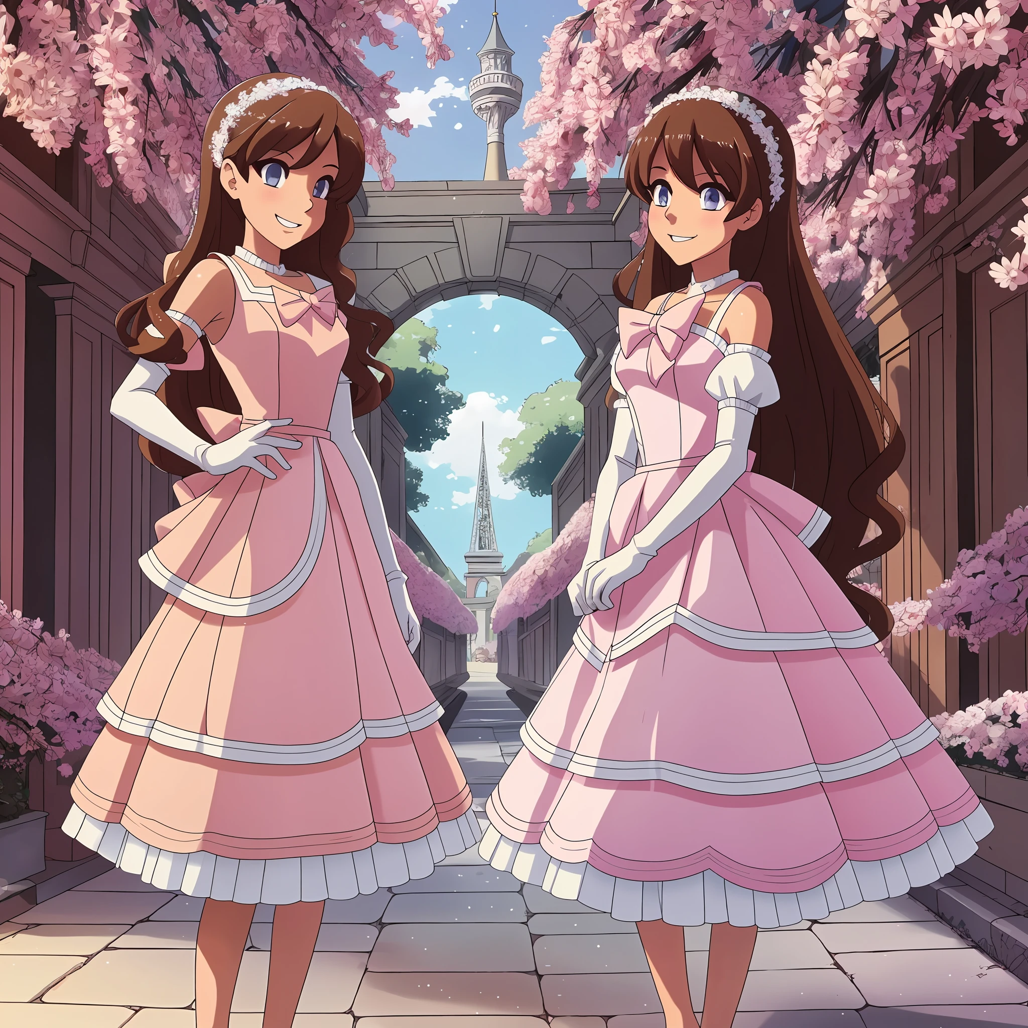 perfect anime illustration, multiple girls, thousands of girls, millions of girls, clones, identical sisters, brown hair, curly hair, long hair, matching hairstyle, hazel eyes, smiling, white skin, elegant pink sleeveless dresses, long white gloves, matching dresses, highres, ballroom, full body, bare legs, neat rows of sisters, neat columns of sisters, sisters standing in formation, sisters in background