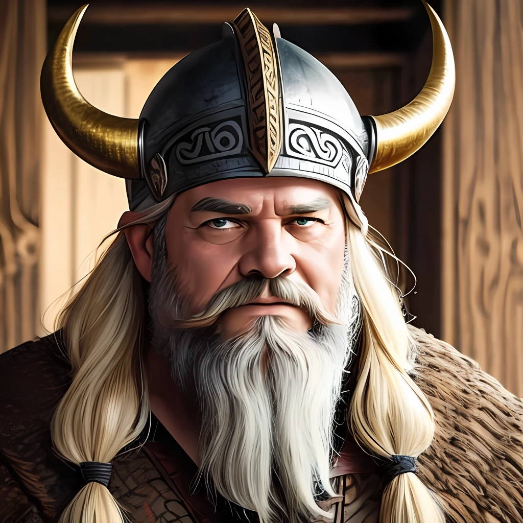 photo of a man looking at the camera, a 50-year-old man wearing a Viking helmet with thick horns and a beard --auto --s2