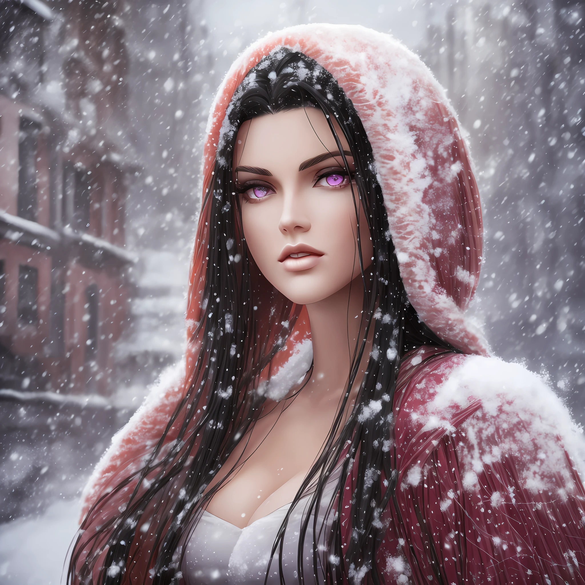 Beautiful tall woman with black hair with orange locks and pink eyes super realistic and well detailed in the snow