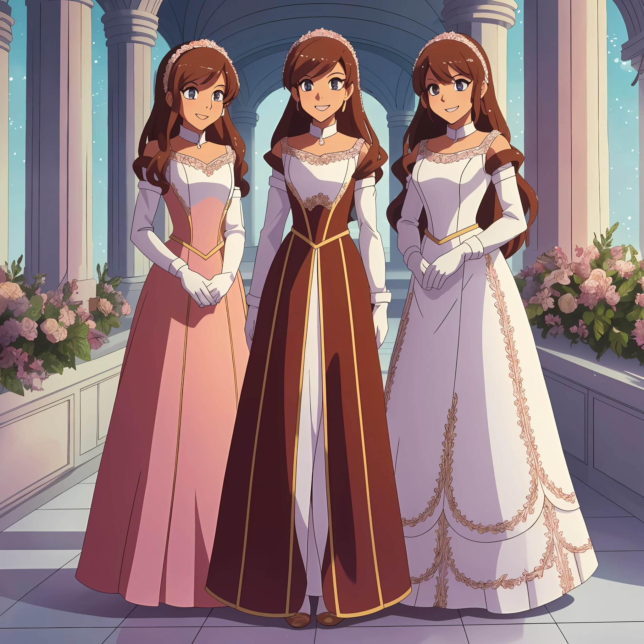 perfect anime illustration, multiple girls, thousands of girls, millions of girls, clones, identical sisters, brown hair, curly hair, long hair, matching hairstyle, hazel eyes, smiling, white skin, elegant pink sleeveless dresses, long white gloves, matching dresses, highres, ballroom, full body, bare legs, neat rows of sisters, neat columns of sisters, sisters standing in formation, sisters in background