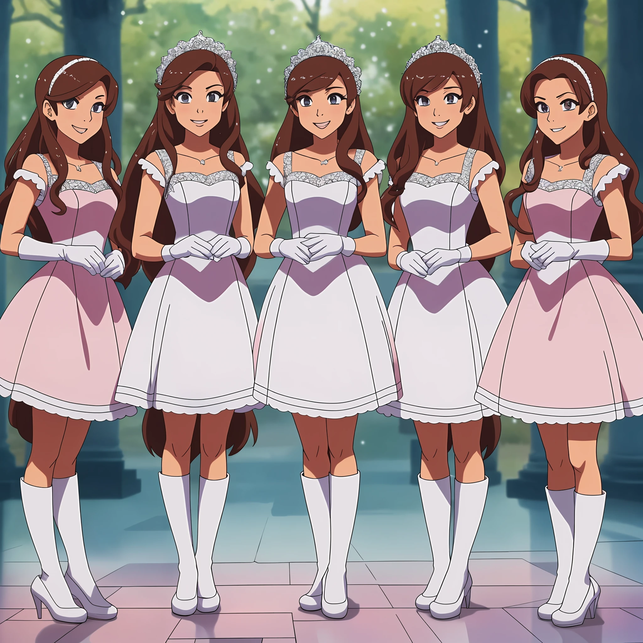 perfect anime illustration, multiple girls, thousands of girls, millions of girls, clones, identical sisters, brown hair, curly hair, long hair, matching hairstyle, hazel eyes, smiling, white skin, elegant pink sleeveless dresses, long white gloves, matching dresses, highres, ballroom, full body, bare legs, neat rows of sisters, neat columns of sisters, sisters standing in formation, sisters in background