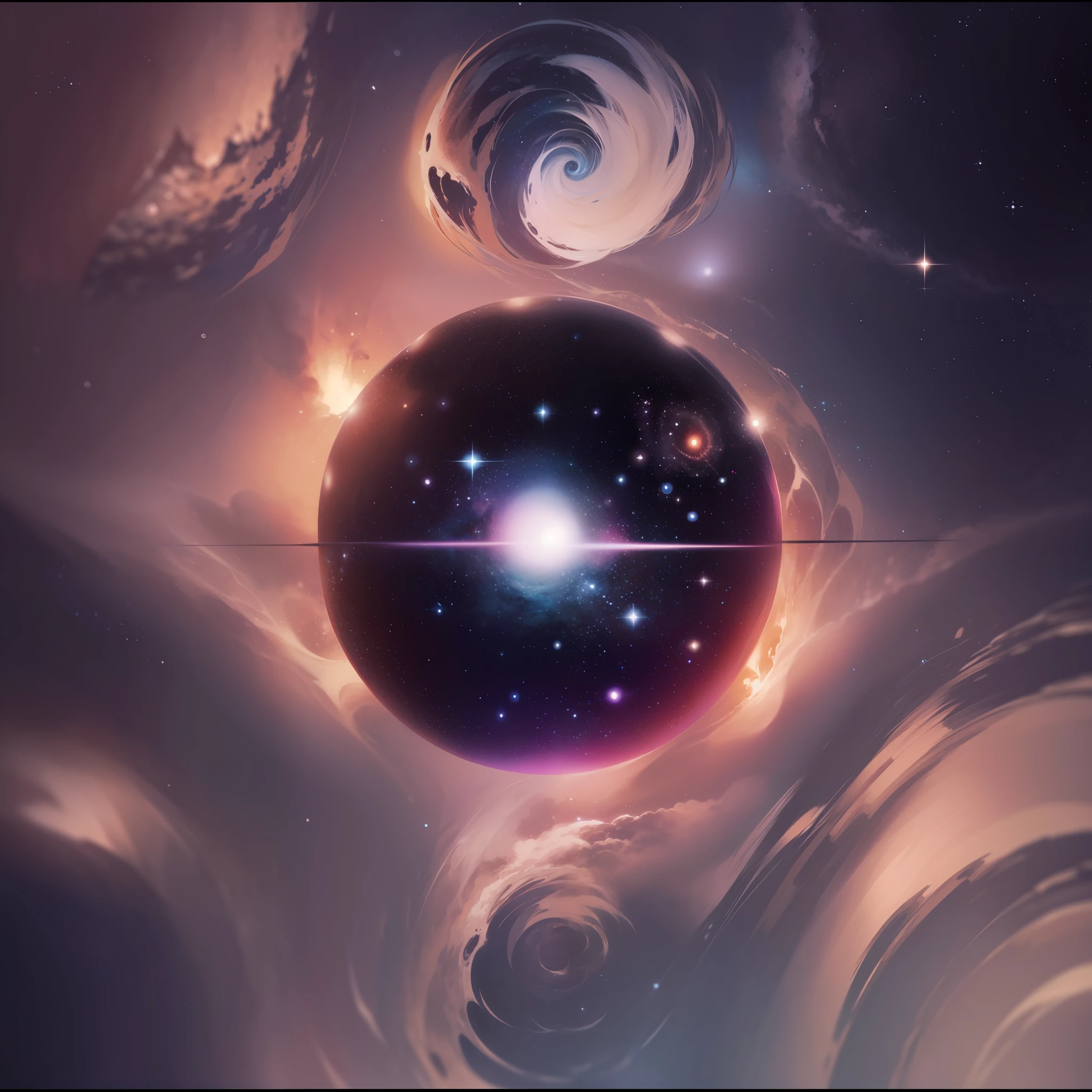 In the center of the cosmos, the face of a person appears almost imperceptible, as if merging with the sea of stars that surrounds him. The image evokes a sense of connection between humanity and the vast universe, where the individual becomes an integral part of the cosmic immensity.
