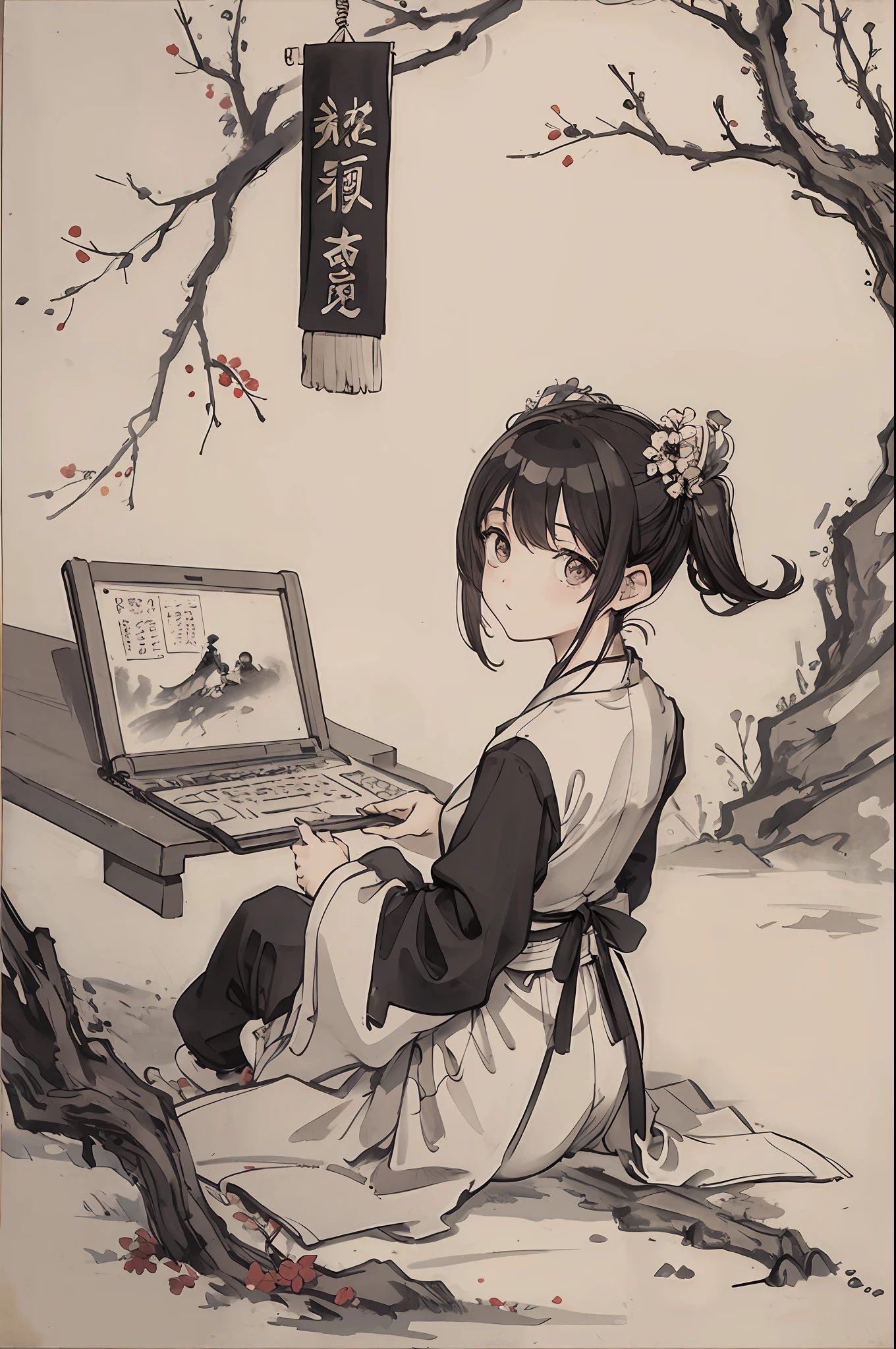 (masterpiece, top quality: 1.2), traditional chinese ink painting, girl working on computer