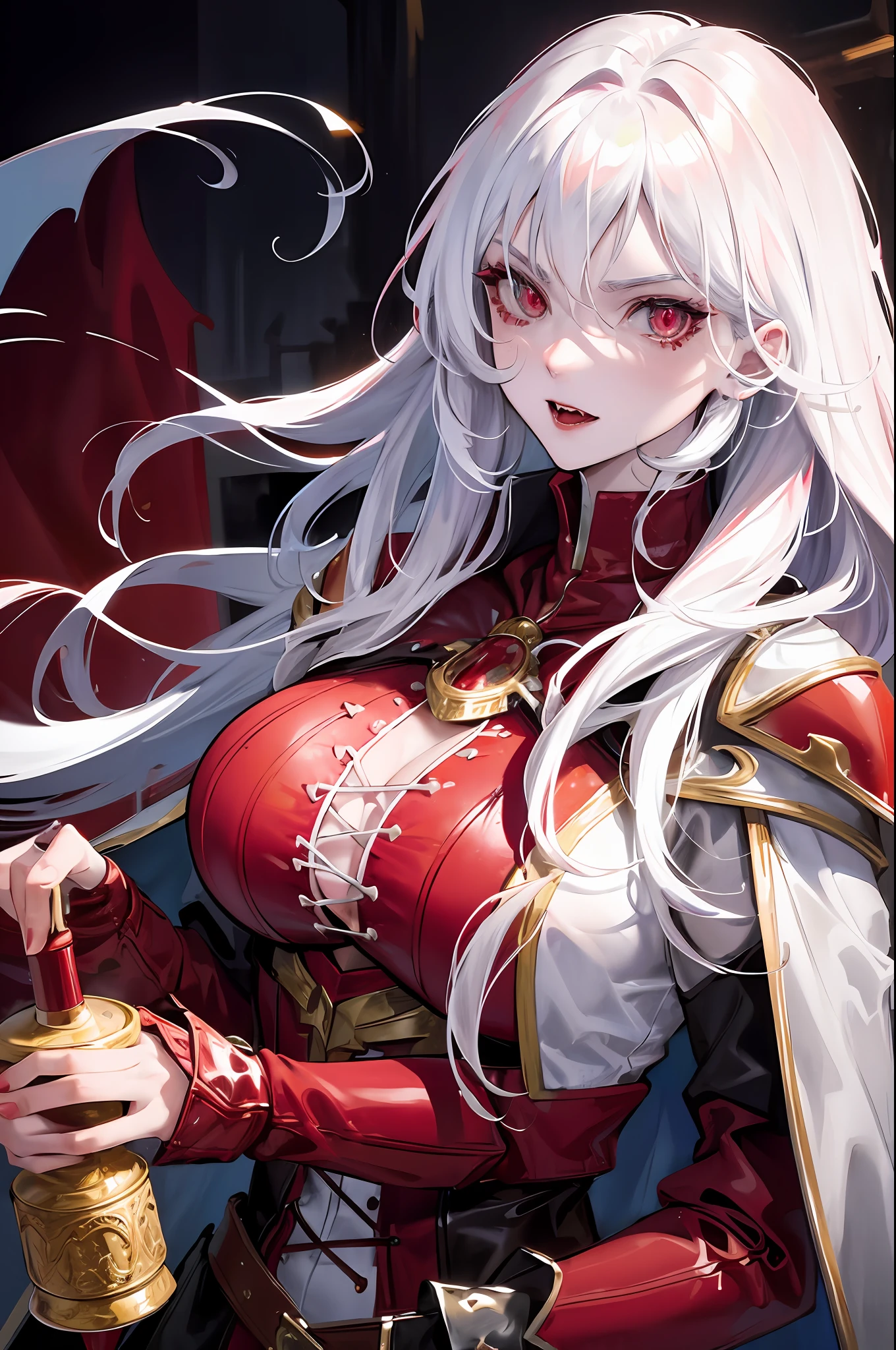 vampire, , potion bottle, glowing red potion, masterpiece, best quality, super detailed, illustration, super detailed face, best face, evil,, adult, 1girl, 40 years old, big breasts, no humans, white hair, red armor, cape, pale skin, intricate detail outfit