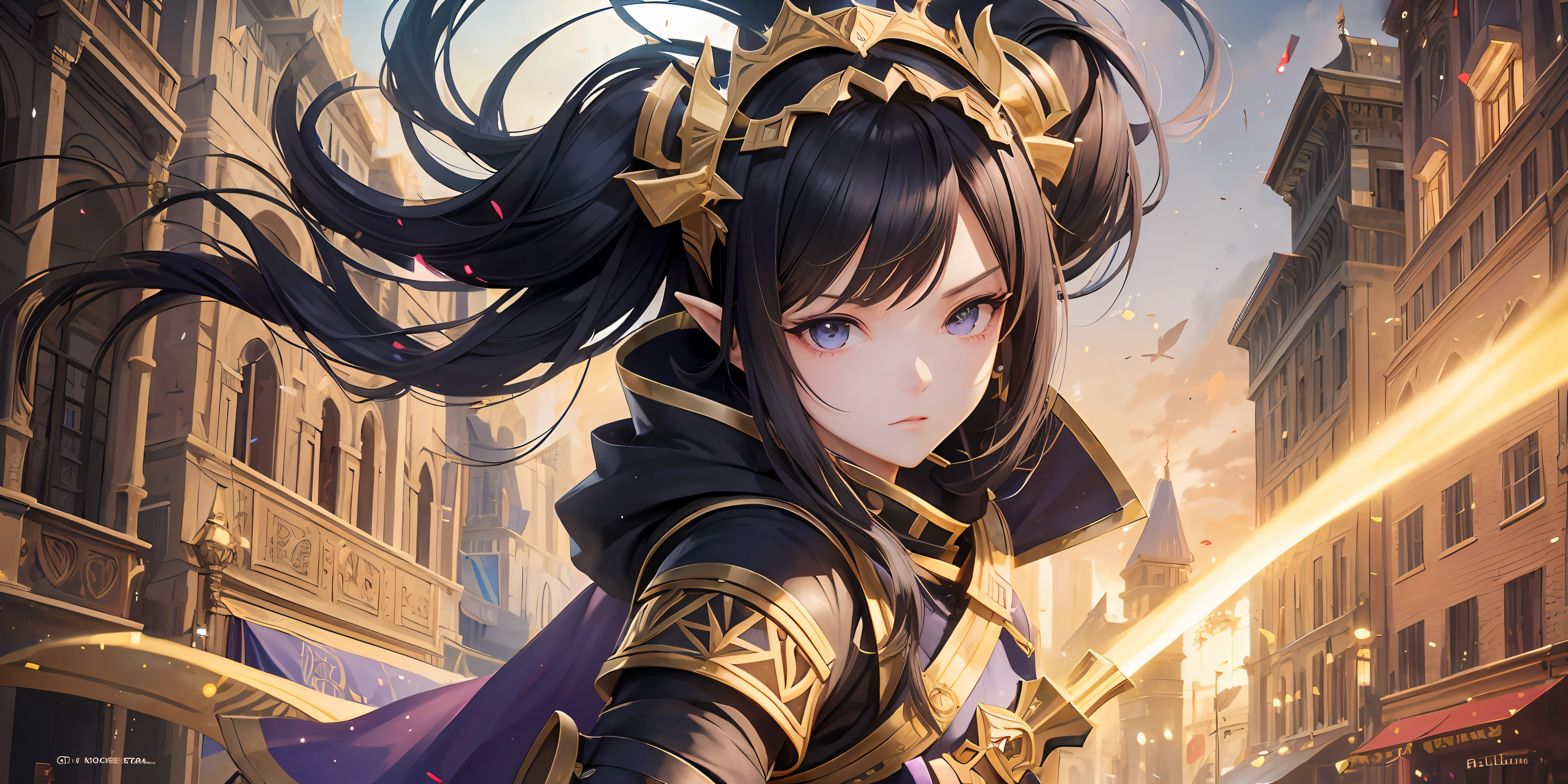 A full-body shot of Princess Zelda, black hair, purple eyes, dressed as an Assassin from Assassins Creed, in black+gold with a back mask and hood with gold details, 25 years old, XL bust, using a yellow+gold kunai, ready to battle, fighting stance, Background: A night time festival in a city during the renaissance period. Unreal Engine 5, Anime, Anime style, Masterpiece, Well drawn eyes, well drawn face, well detailed eyes, well detailed face, 8k, light and shadow effect. --auto --s2