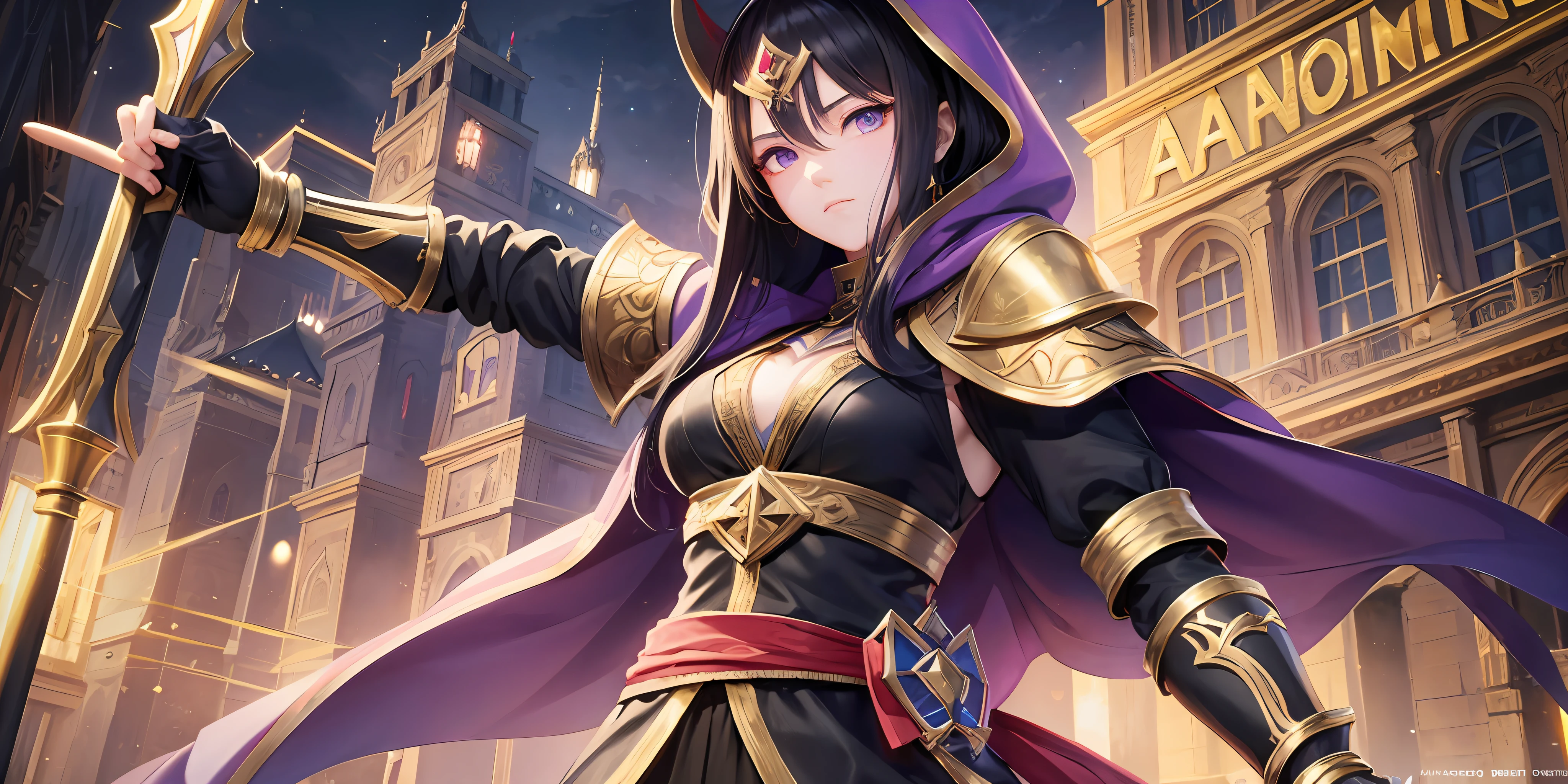 A full-body shot of Princess Zelda, black hair, purple eyes, dressed as an Assassin from Assassins Creed, in black+gold with a back mask and hood with gold details, 25 years old, XL bust, using a yellow+gold kunai, ready to battle, fighting stance, Background: A night time festival in a city during the renaissance period. Unreal Engine 5, Anime, Anime style, Masterpiece, Well drawn eyes, well drawn face, well detailed eyes, well detailed face, 8k, light and shadow effect. --auto --s2