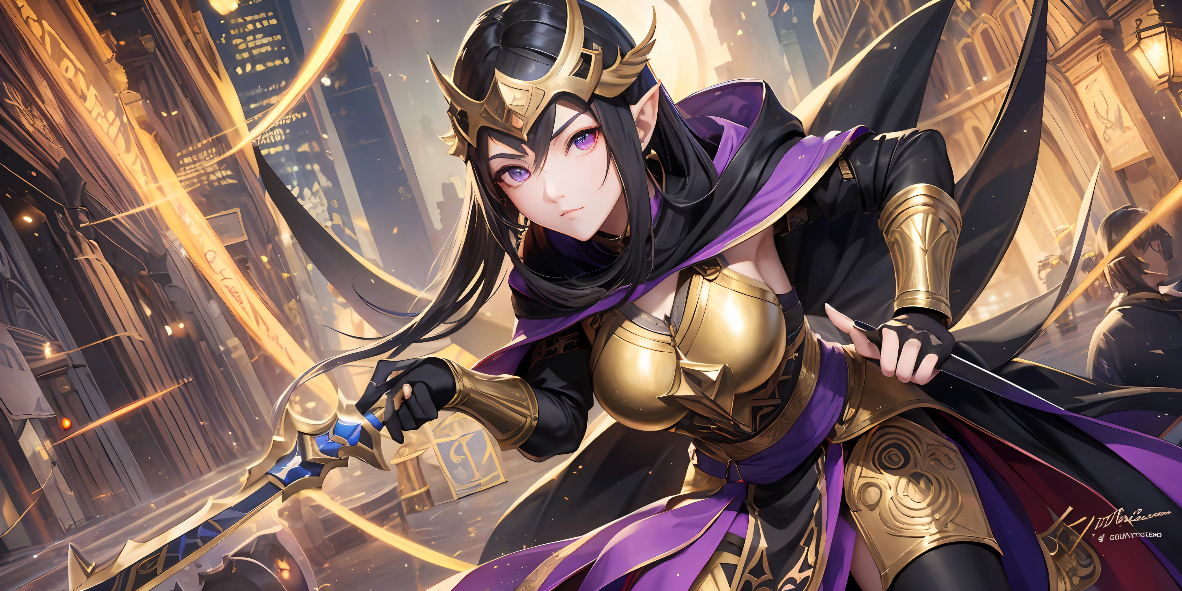 A full-body shot of Princess Zelda, black hair, purple eyes, dressed as an Assassin from Assassins Creed, in black+gold with a back mask and hood with gold details, 25 years old, XL bust, using a yellow+gold kunai, ready to battle, fighting stance, Background: A night time festival in a city during the renaissance period. Unreal Engine 5, Anime, Anime style, Masterpiece, Well drawn eyes, well drawn face, well detailed eyes, well detailed face, 8k, light and shadow effect. --auto --s2