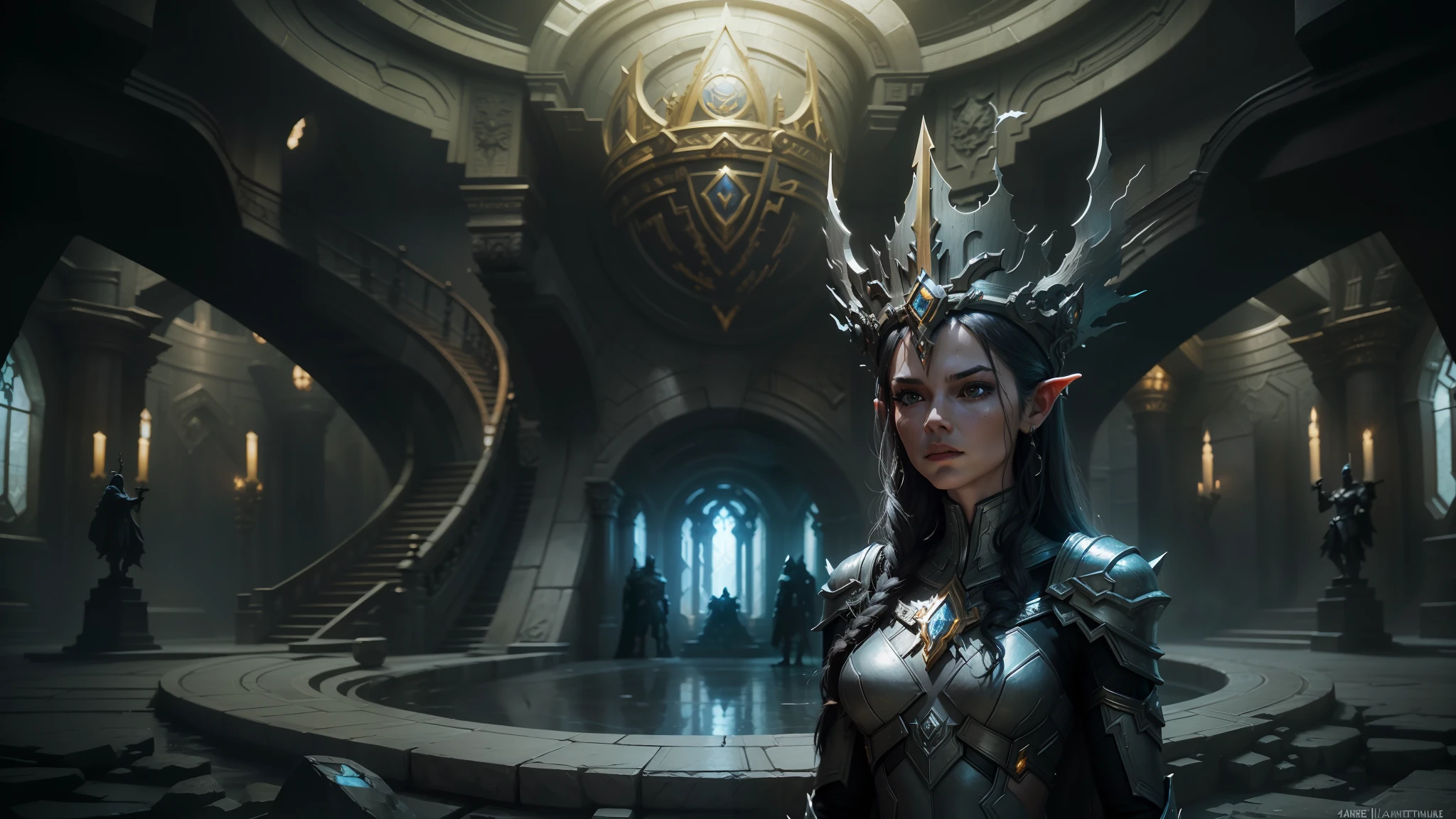 tblurred image of woman with crown standing in room, still frame of prometheus, warcraft architecture by Antonín Slavíček, justice league, dark fantasy character design, game screenshot, by Dong Qichang, by artist senior environmentalist, of a family exiting a spaceship, (visually stunning --auto --s2