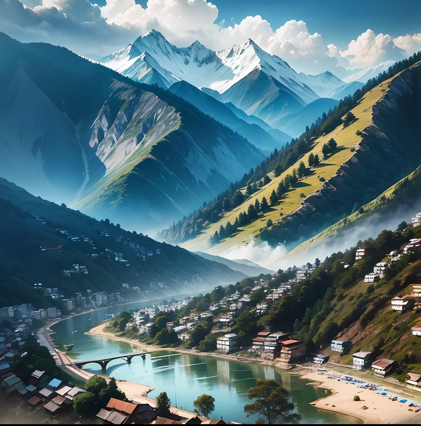 Creating a realistic cityscape of bageshwar uttarakhand India enchanting great mountain and a river in the middle of the city picture clicked by Sony A74 camara ultra HD quality with the best High end Lence -75mm__4:5 --auto --s2