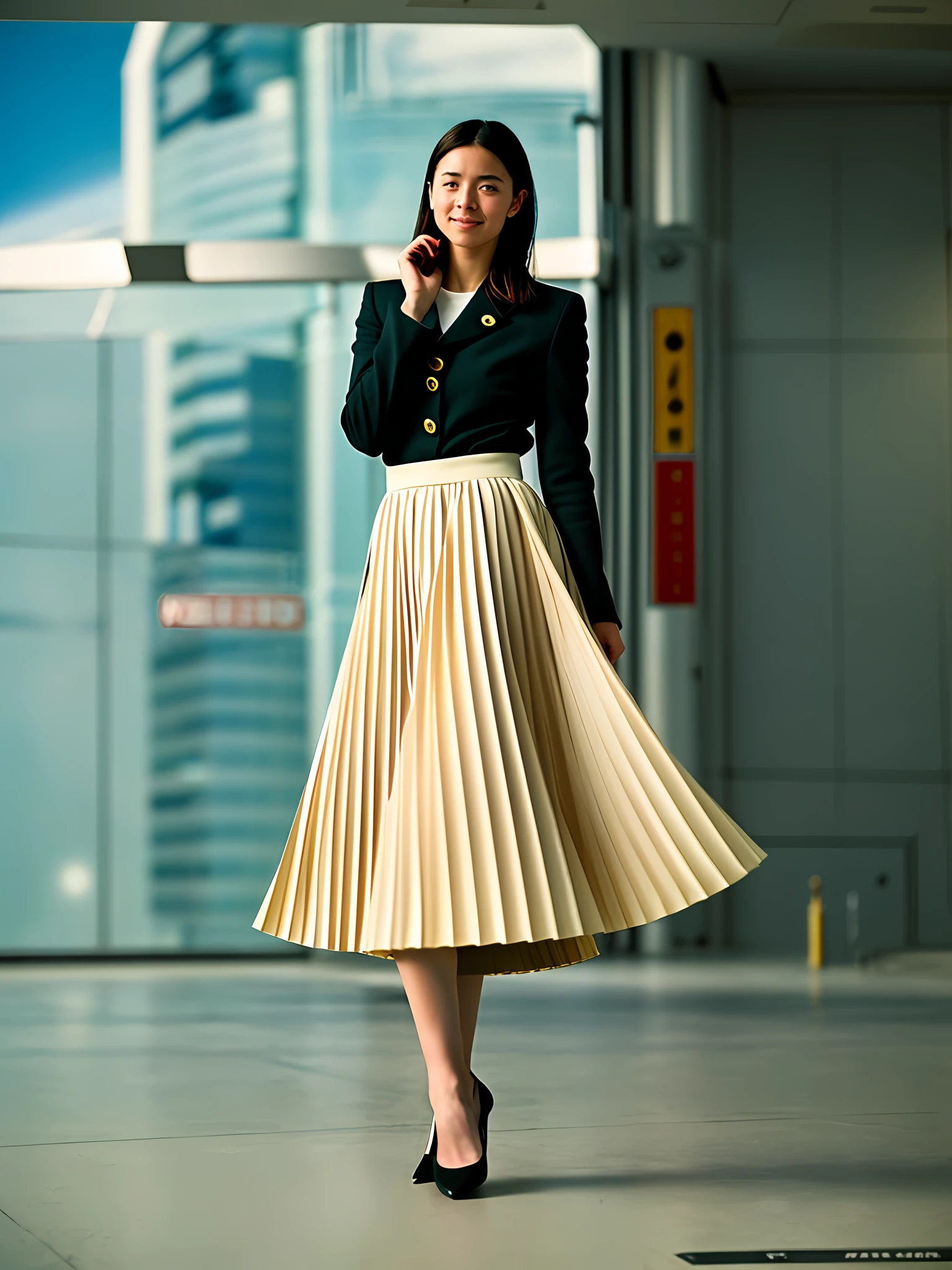 35mm f1.4 Kodak portra 400 photograph, extremely high quality RAW photograph, a woman is playing with her skirt on space station, (shy) authentic (kind and tender) lesbian woman wearing a short blazer with a very very detailed (long (fully pleated) full circle skirt) and (simple) low heeled office shoes, very very intricate hyper-detailed symmetric (attractive graceful young feminine face) with (sad, tired) eyes and a (flirty smile:1.0), full of empathy and compassion and love, (pronounced feminine features:1,3), big boobs, (highly detailed ultra accurate realistic) hands and fingers, ((windy conditions and wind blowing)), epic composition, highly detailed attributes, highly detailed atmosphere, detailed background, intricate, Exquisite details and textures, highly detailed, deep space station secret operations active background