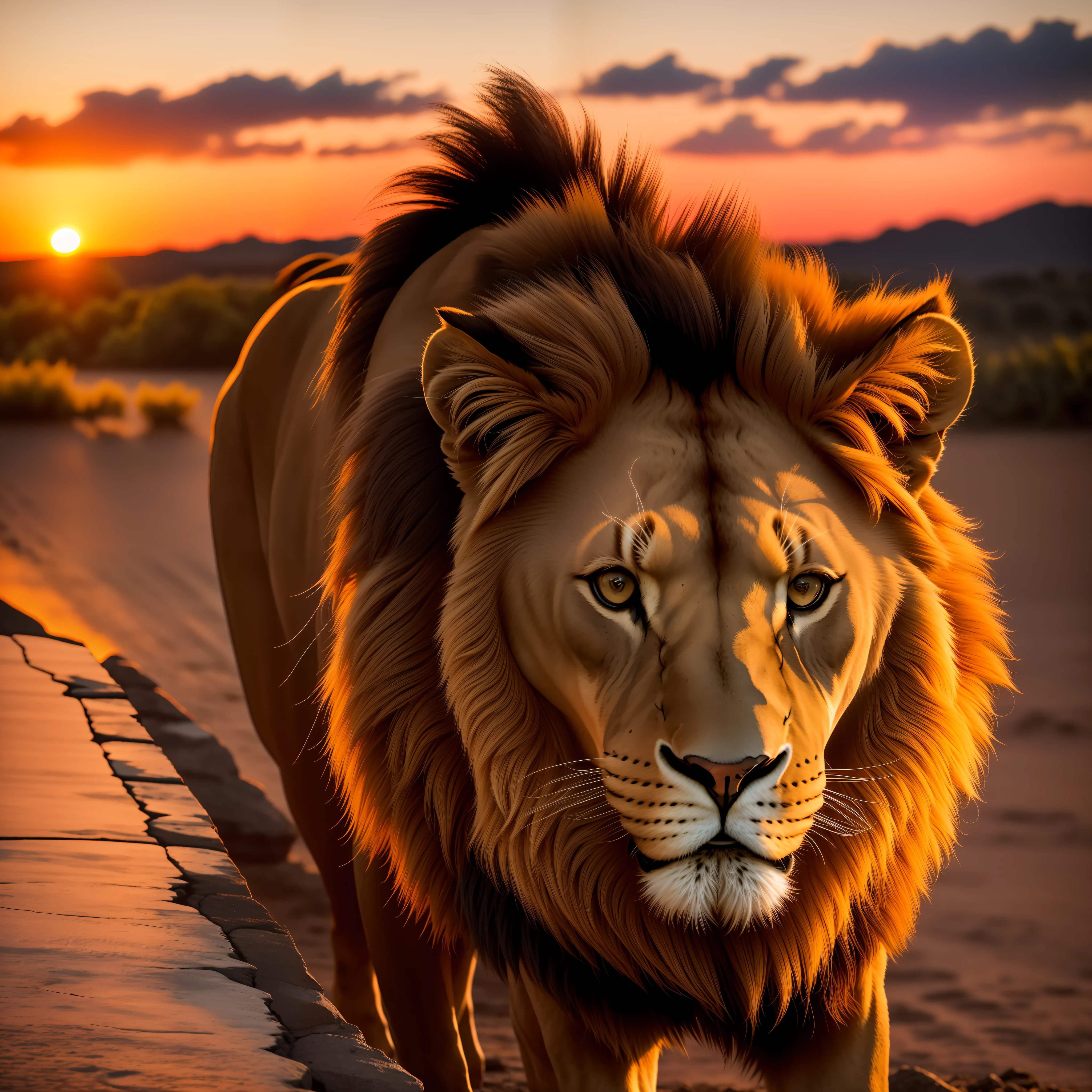 Captivating silhouette of a lion against a fiery sunset, creating a striking contrast, drone shot, DJI Mavic 2 Pro, --ar 16:9 --c 05