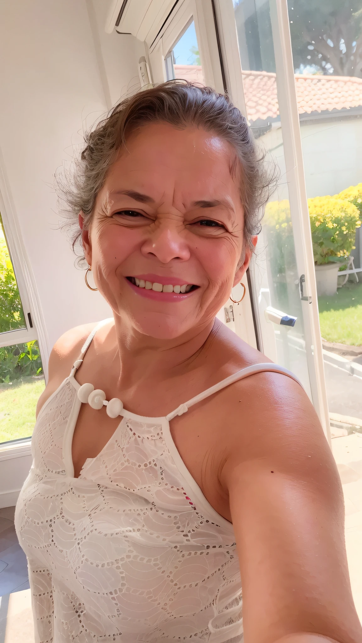 smiling woman in white top in front of a window, 4 5 yo, 3 *********** Brazilian mother, inspired by Maria Helena Vieira da Silva, 5 5 yo, by Nándor Katona, fernanda suarez, smiling happily for the camera, she is about 6 0 years old, selfie photography 8k, women of 40 years --auto --s2