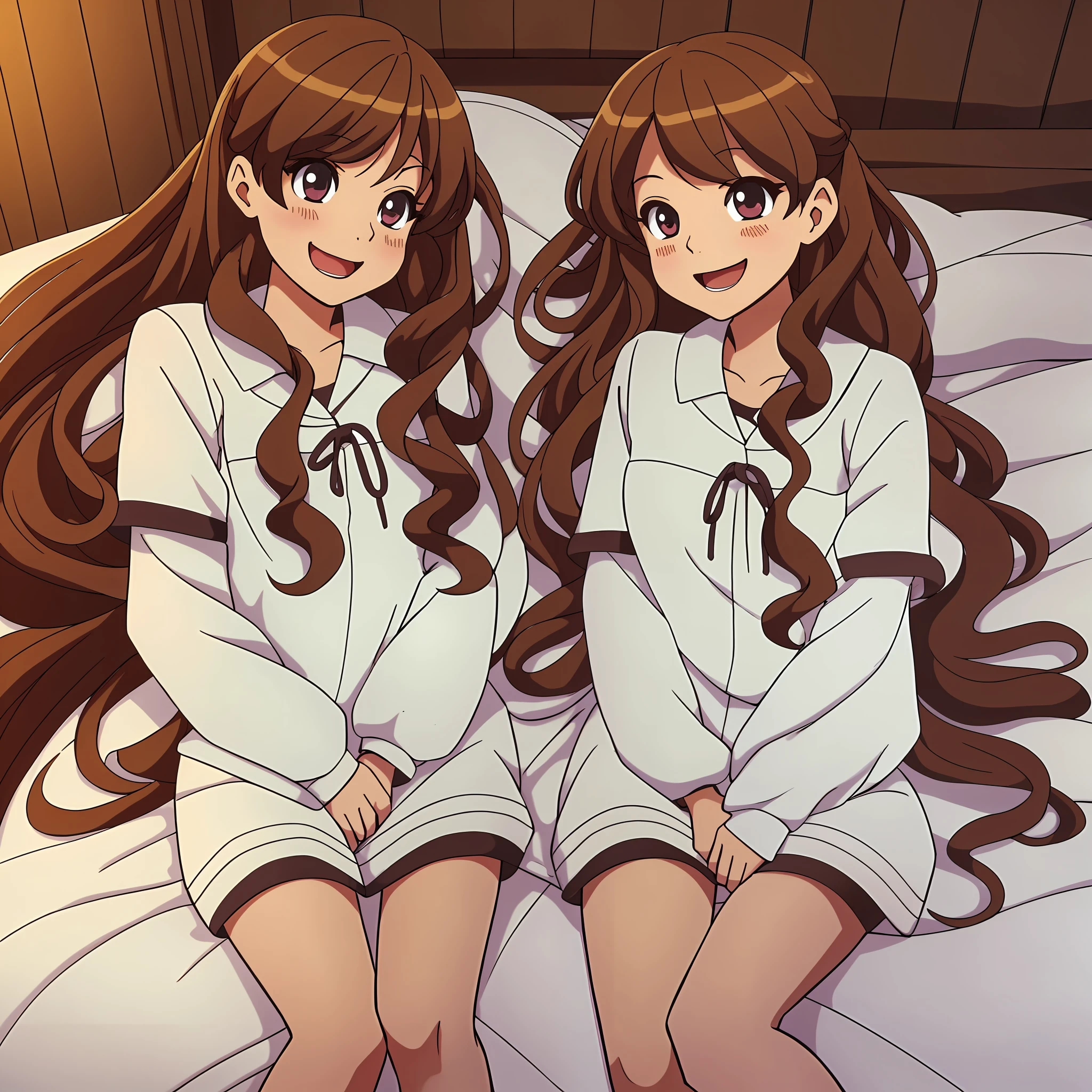 perfect anime illustration, 2girls, twins, brown hair, curly hair, long hair, different hair colors, hazel eyes, smiling, white skin, matching outfits, highres, bedroom, full body