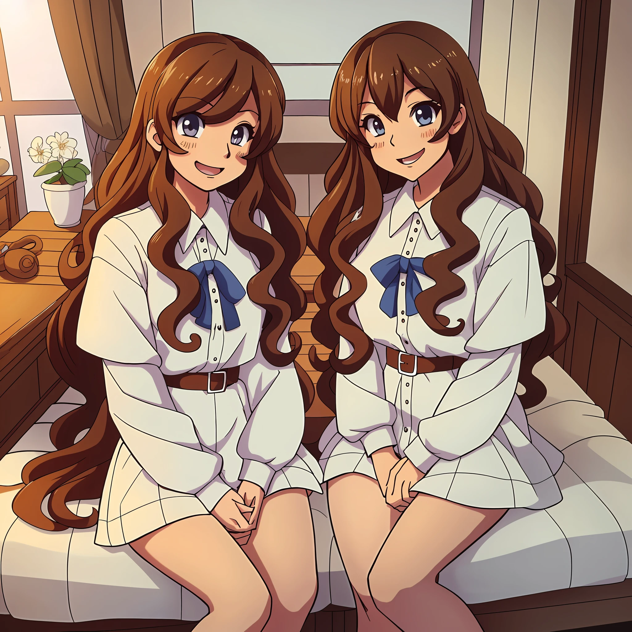 perfect anime illustration, 2girls, twins, brown hair, curly hair, long hair, different hair colors, hazel eyes, smiling, white skin, matching outfits, highres, bedroom, full body